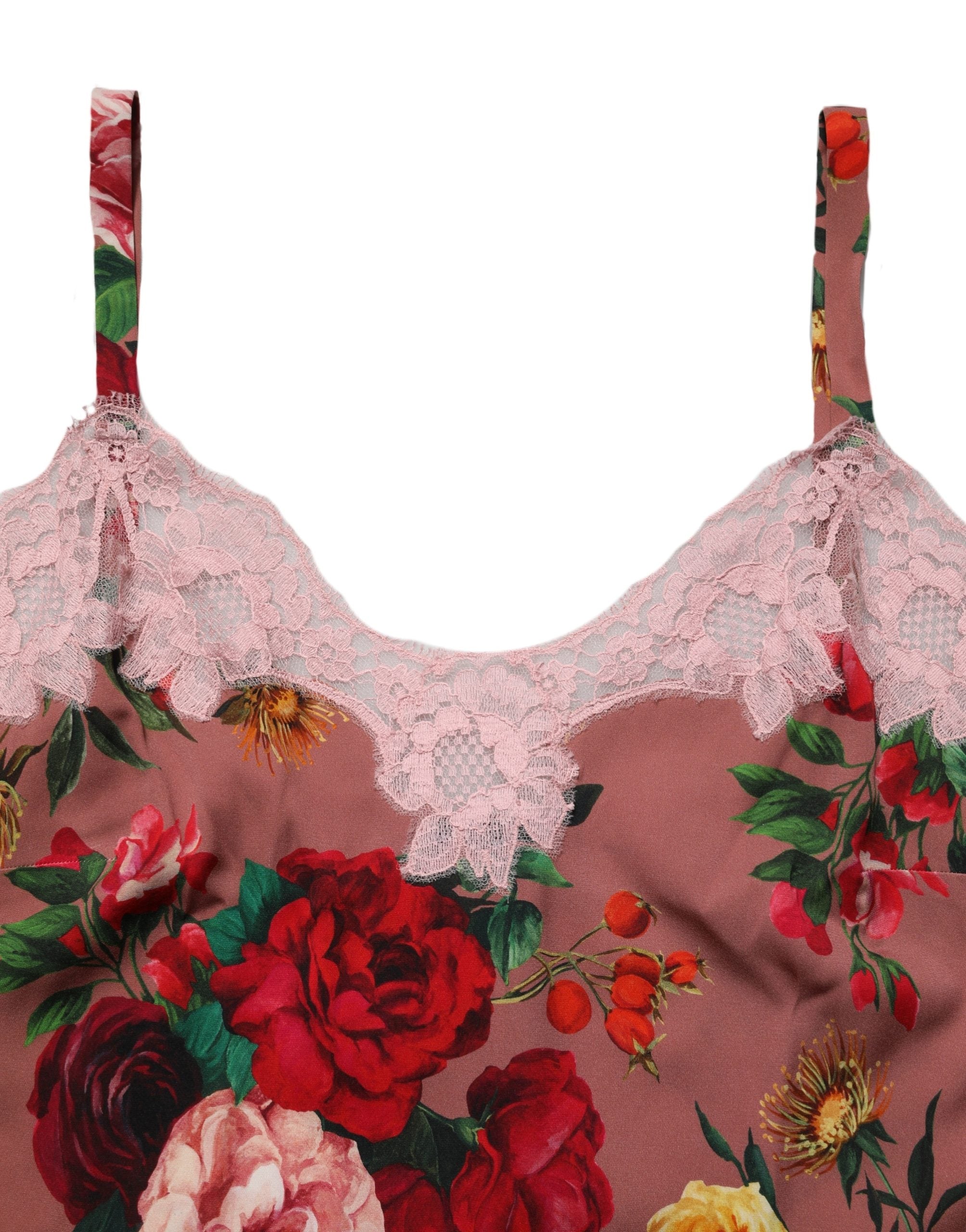 Dolce & Gabbana Brown Rose Print Satin Lace Camisole Tank Women's Top