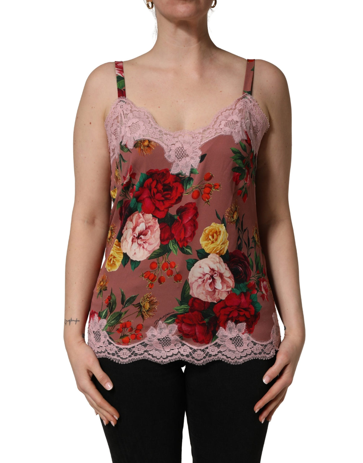 Dolce & Gabbana Brown Rose Print Satin Lace Camisole Tank Women's Top
