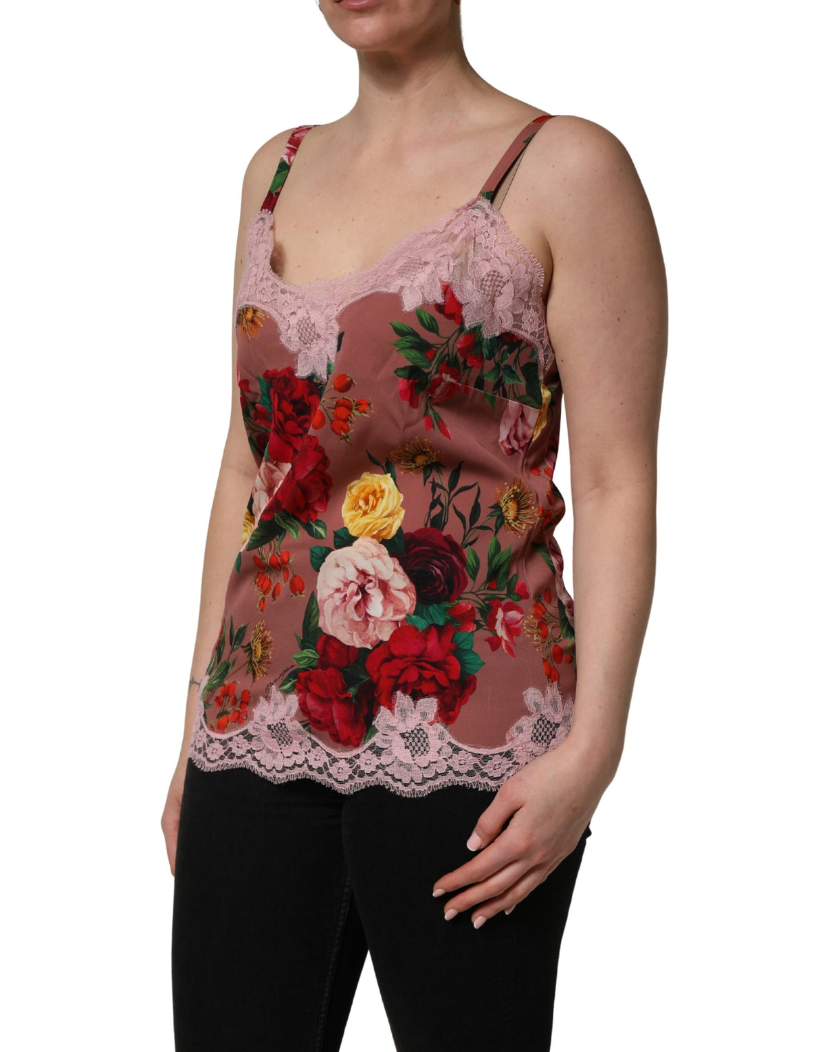 Dolce & Gabbana Brown Rose Print Satin Lace Camisole Tank Women's Top