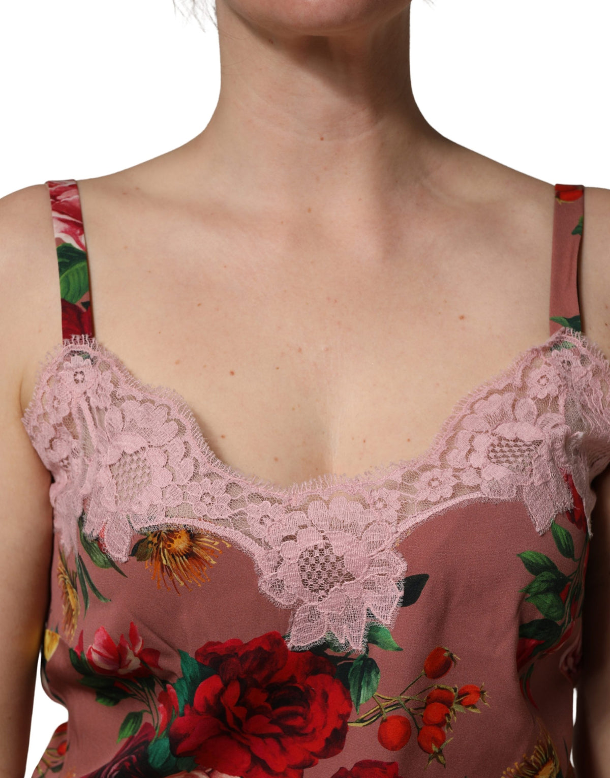 Dolce & Gabbana Brown Rose Print Satin Lace Camisole Tank Women's Top
