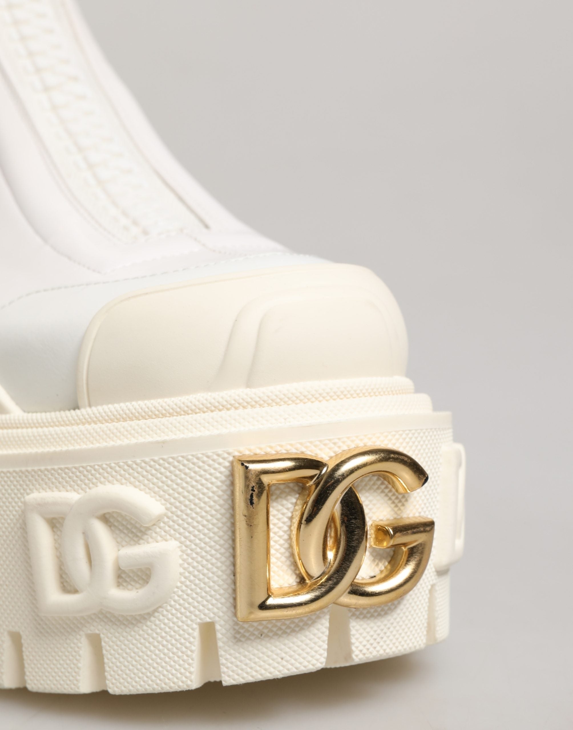 Dolce & Gabbana White Leather Rubber Logo Ankle Boots Women's Shoes