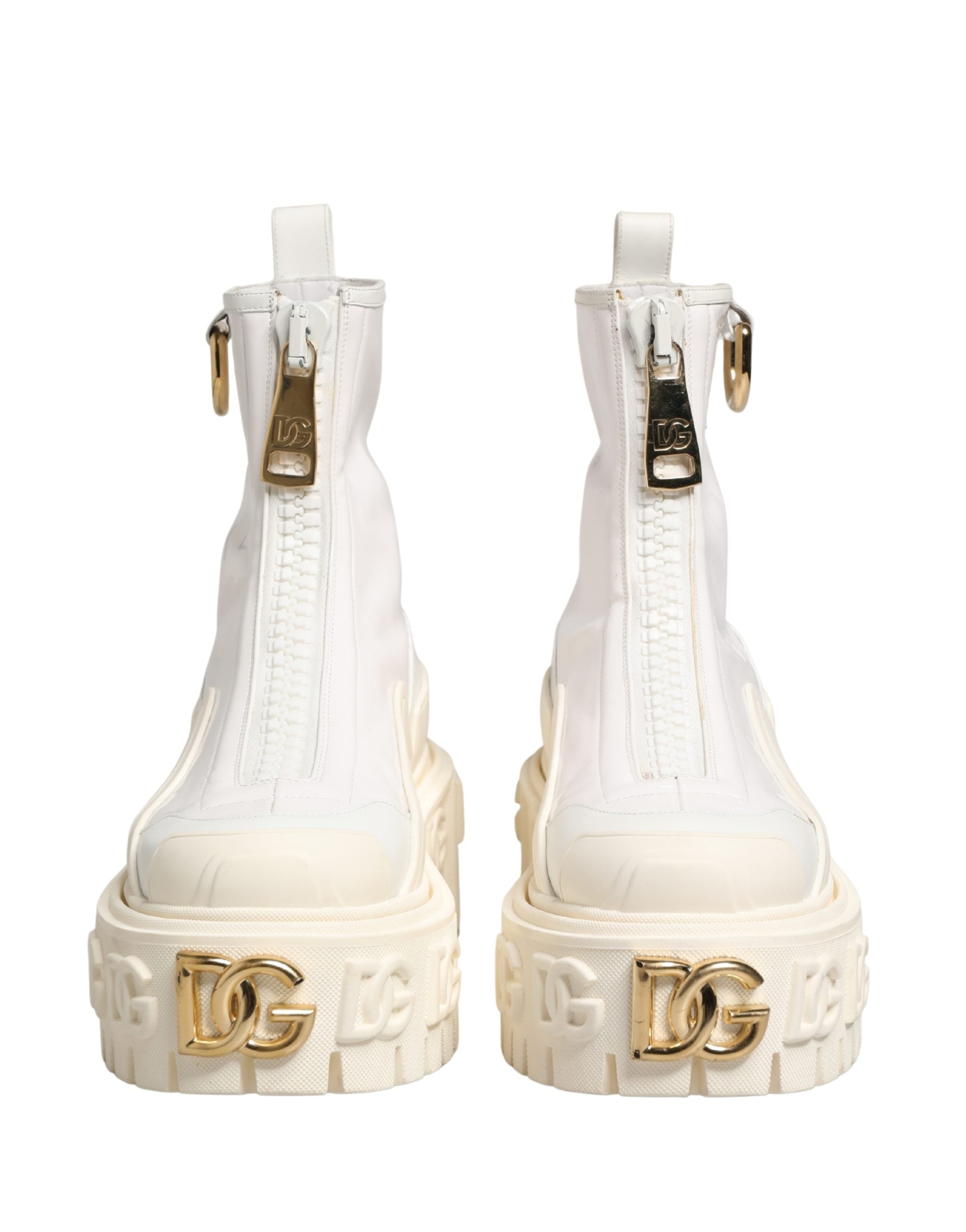 Dolce & Gabbana White Leather Rubber Logo Ankle Boots Women's Shoes
