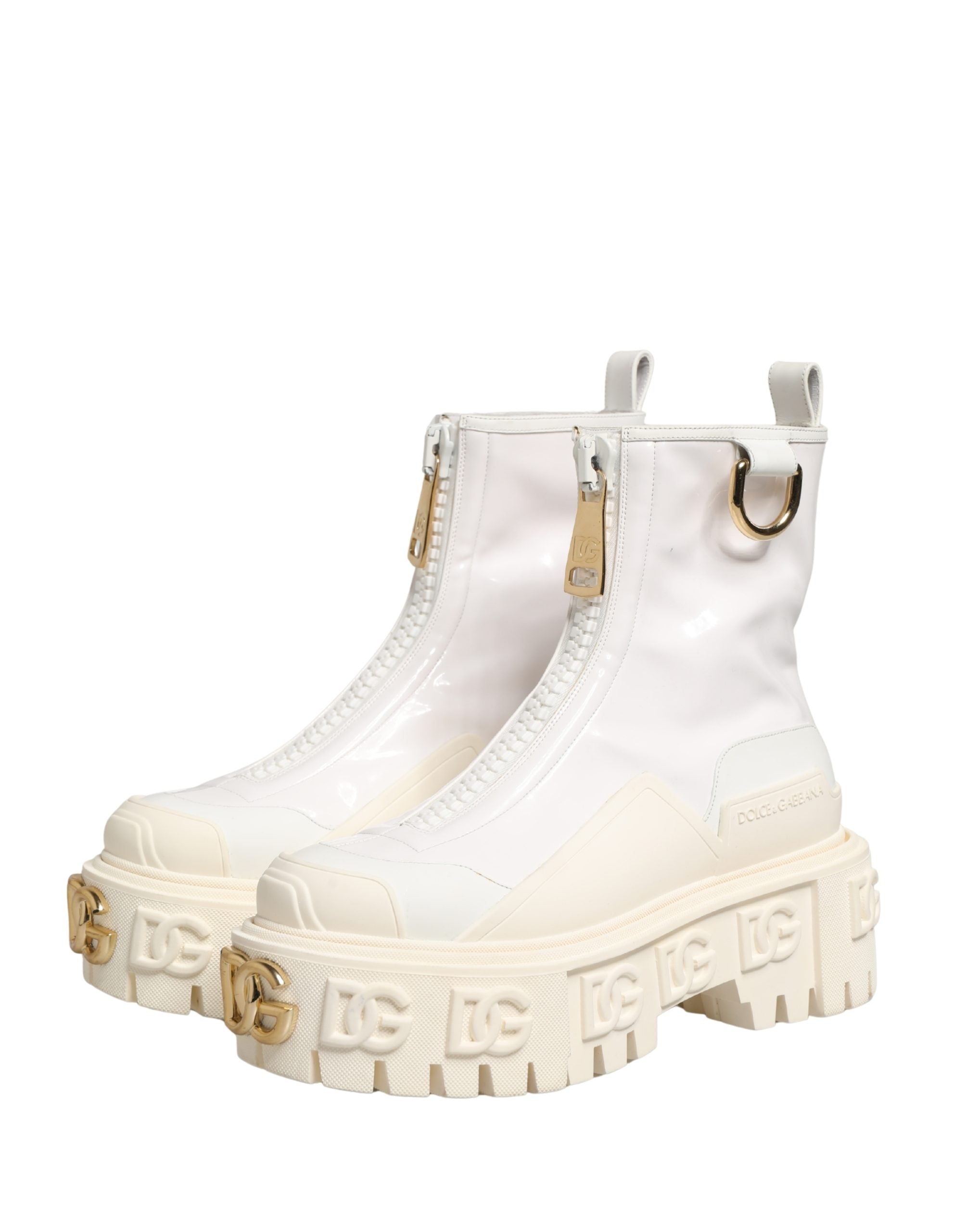 Dolce & Gabbana White Leather Rubber Logo Ankle Boots Women's Shoes