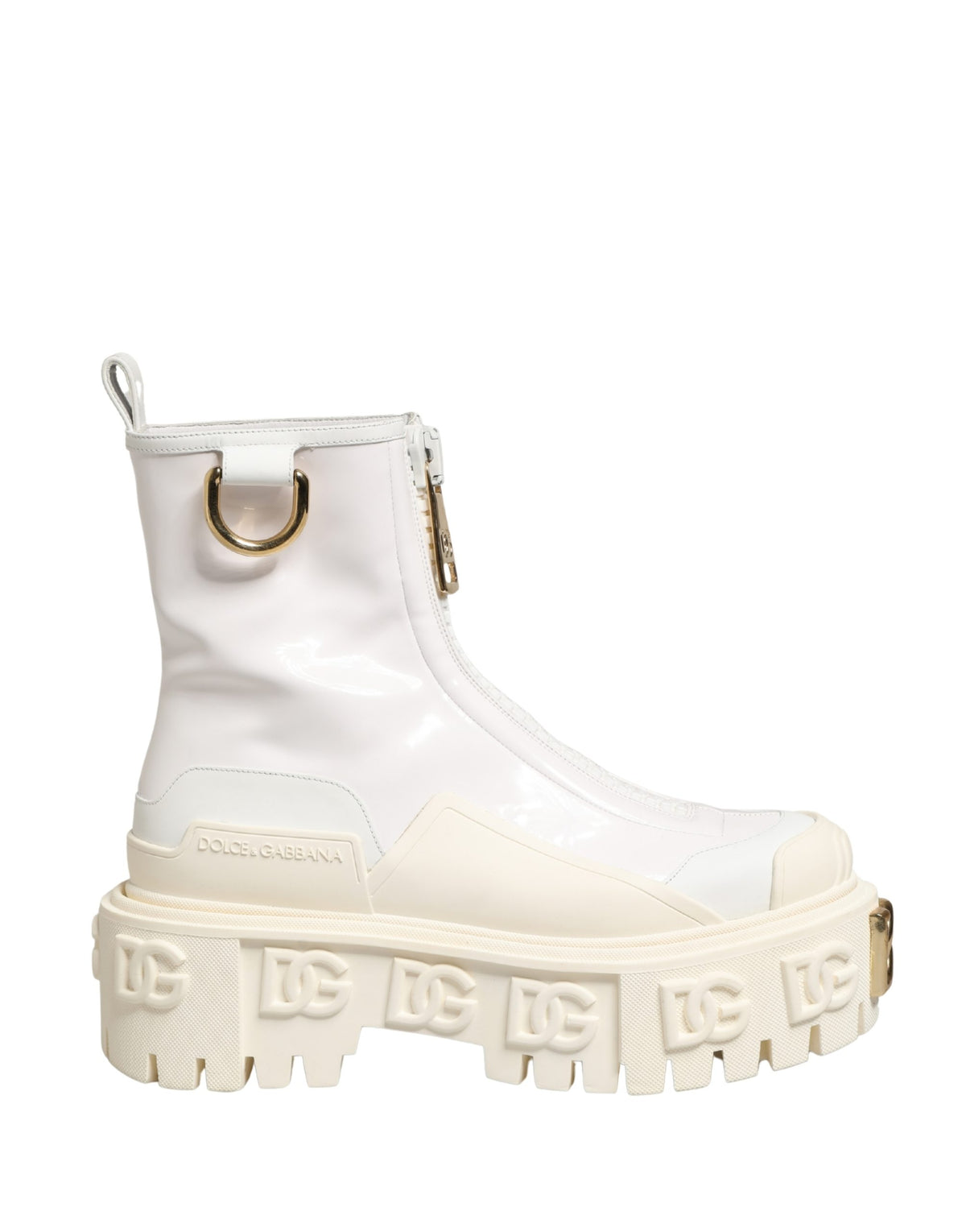 Dolce & Gabbana White Leather Rubber Logo Ankle Boots Women's Shoes