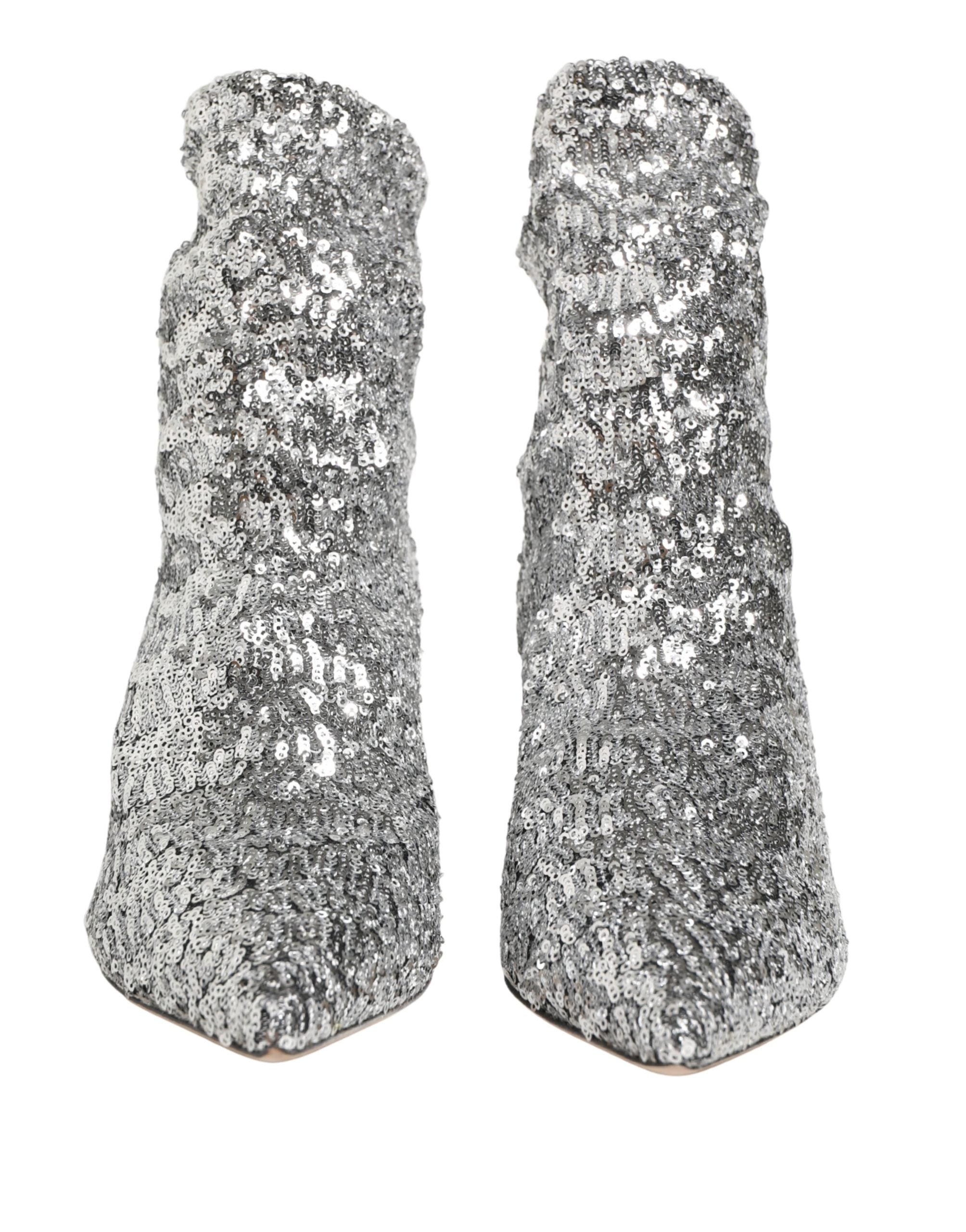 Dolce & Gabbana Silver Sequined Short Boots Stretch Women's Shoes
