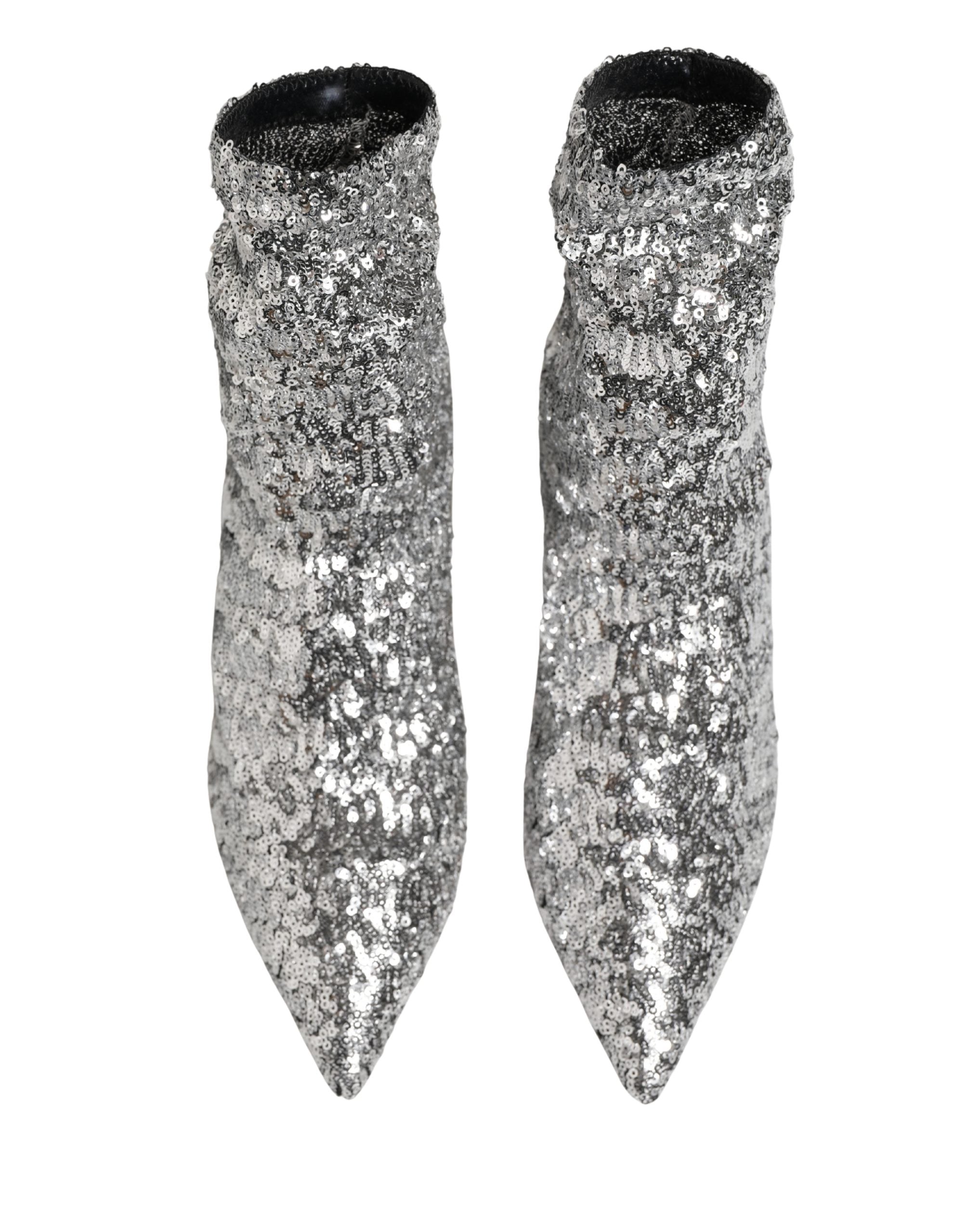 Dolce & Gabbana Silver Sequined Short Boots Stretch Women's Shoes