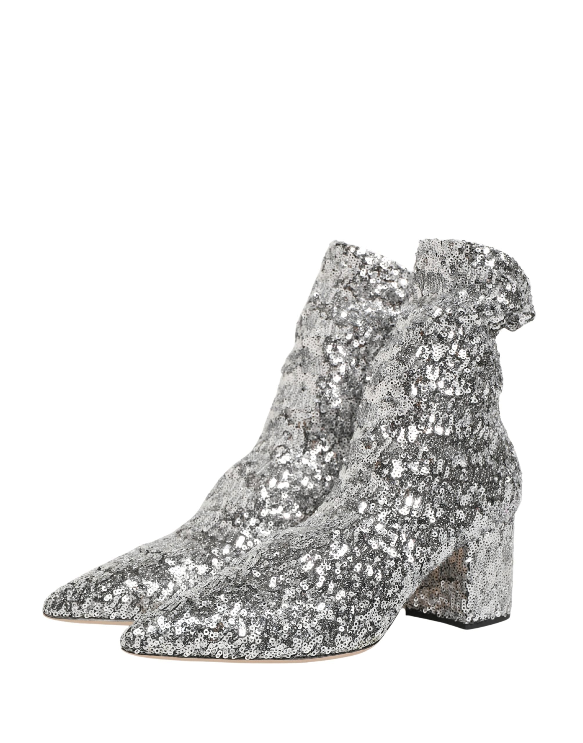 Dolce & Gabbana Silver Sequined Short Boots Stretch Women's Shoes