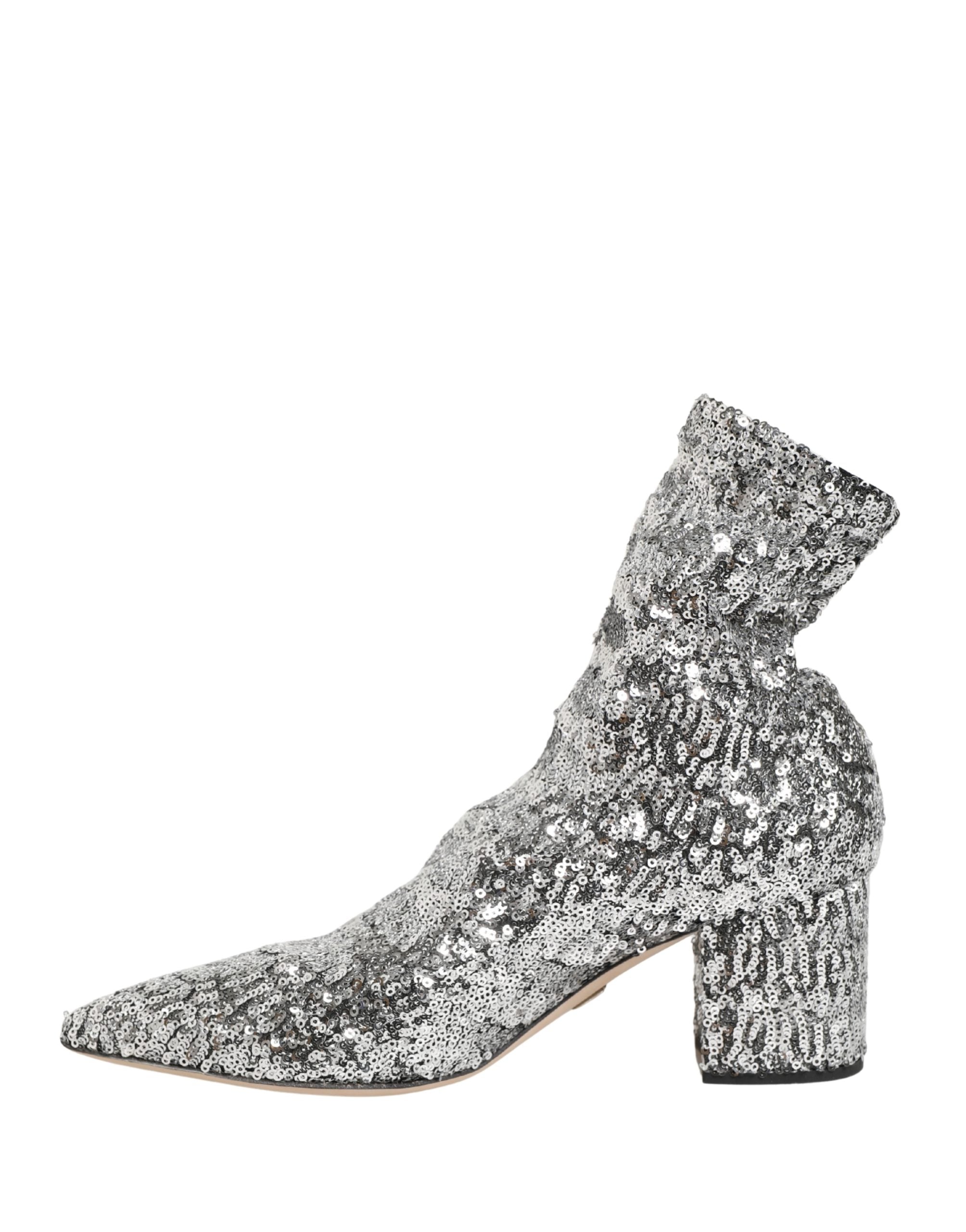 Dolce & Gabbana Silver Sequined Short Boots Stretch Women's Shoes
