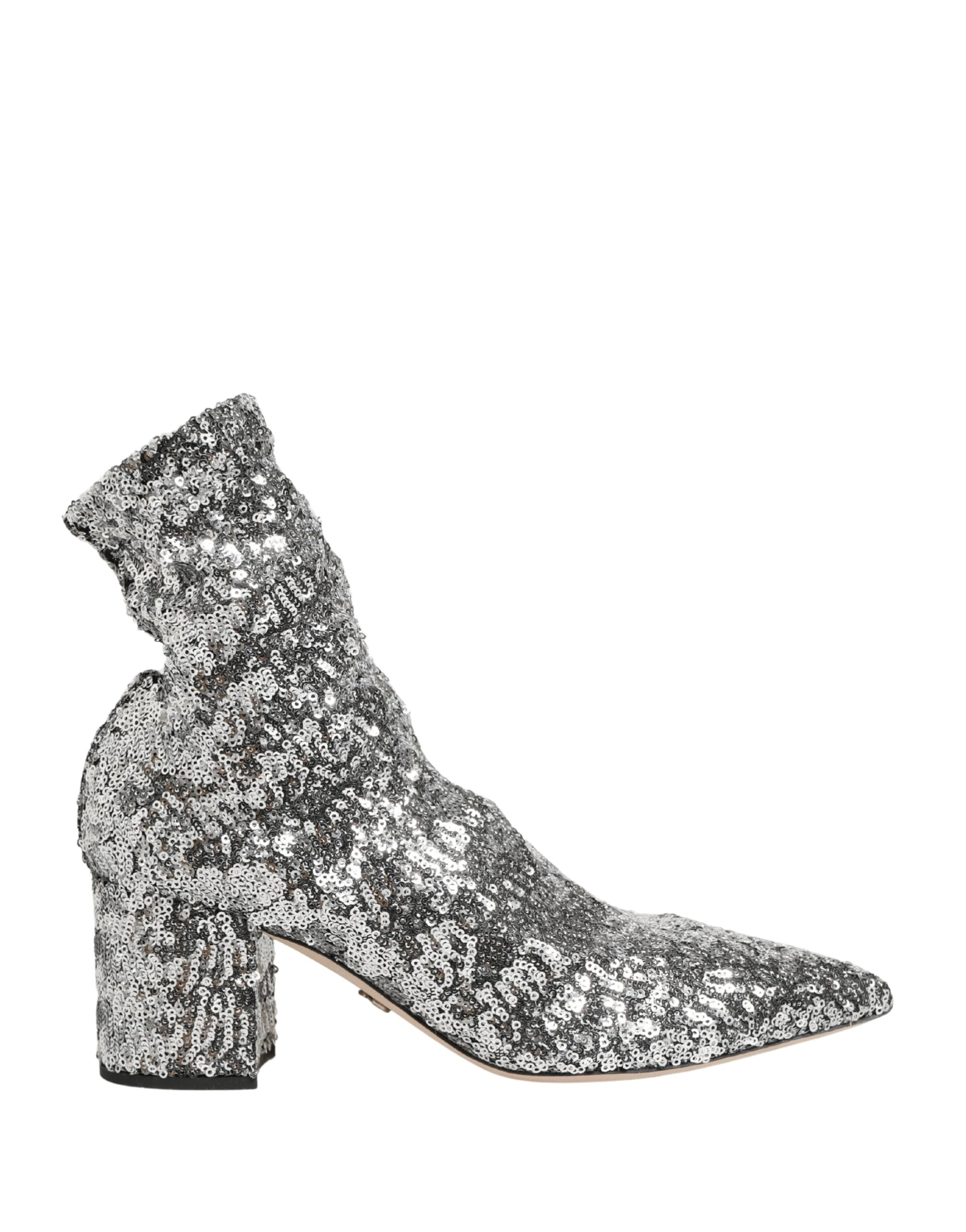 Dolce & Gabbana Silver Sequined Short Boots Stretch Women's Shoes