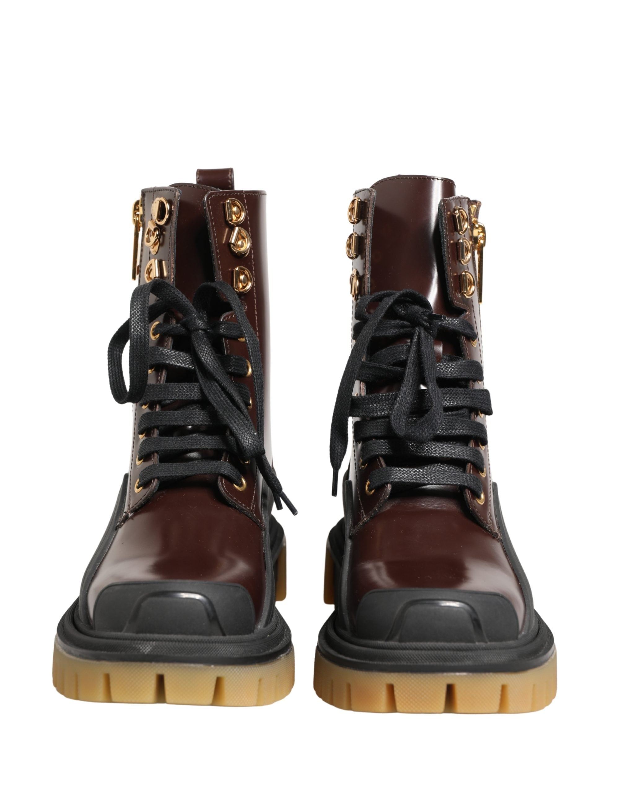 Dolce & Gabbana Maroon Leather Lace Up Biker Boots Women's Shoes (Pre-Owned)