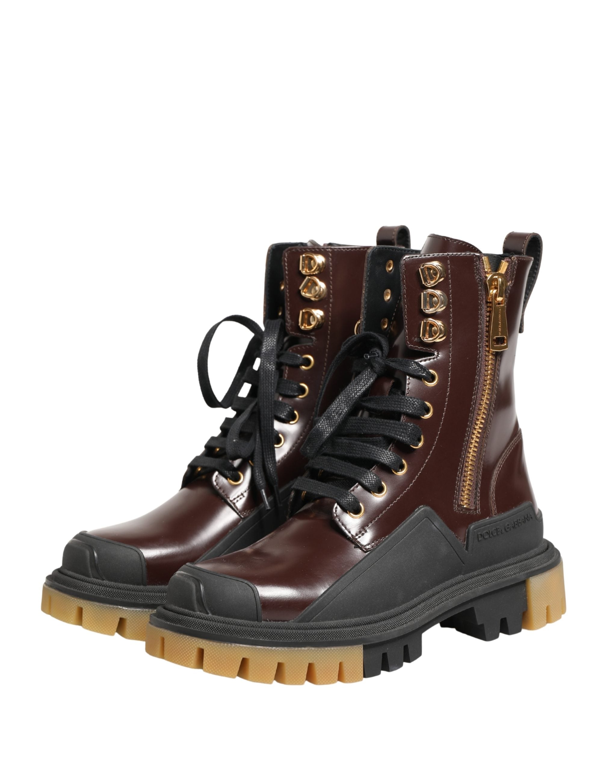 Dolce & Gabbana Maroon Leather Lace Up Biker Boots Women's Shoes (Pre-Owned)