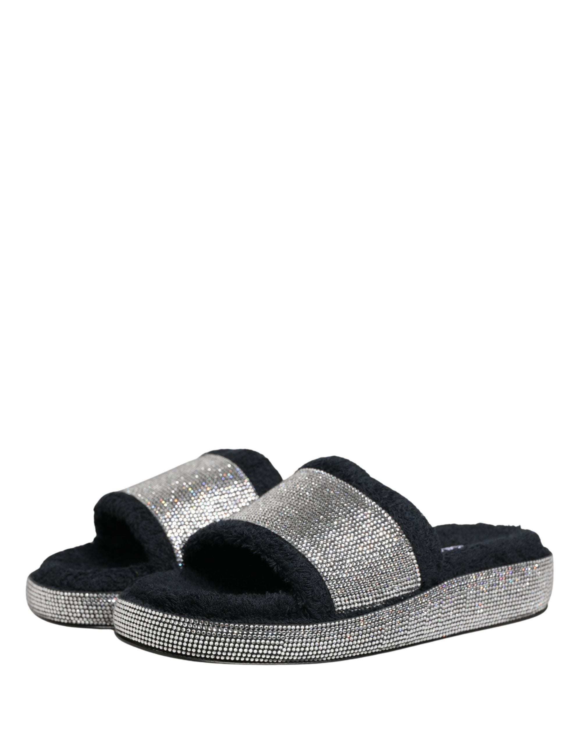 Dolce & Gabbana Black Crystal Embellished Platform Slides Women's Shoes