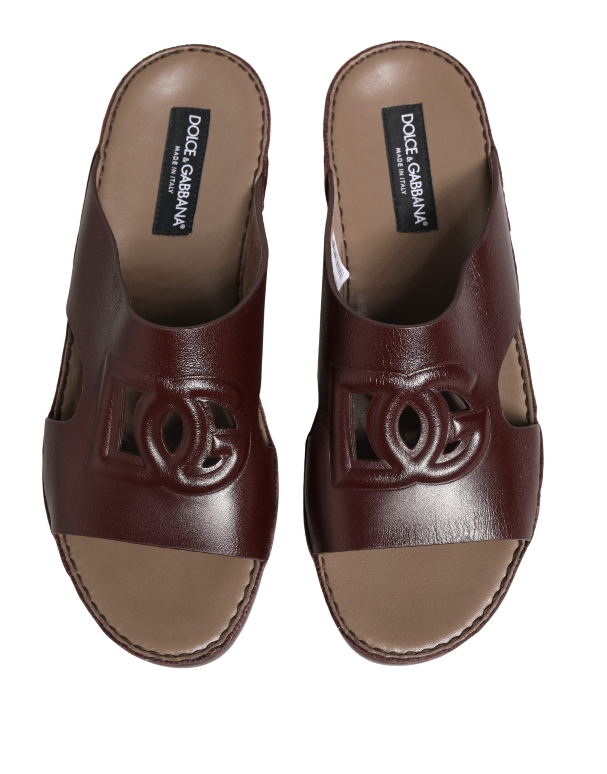 Dolce & Gabbana Maroon Leather Cutout DG Logo Sandals Women's Shoes