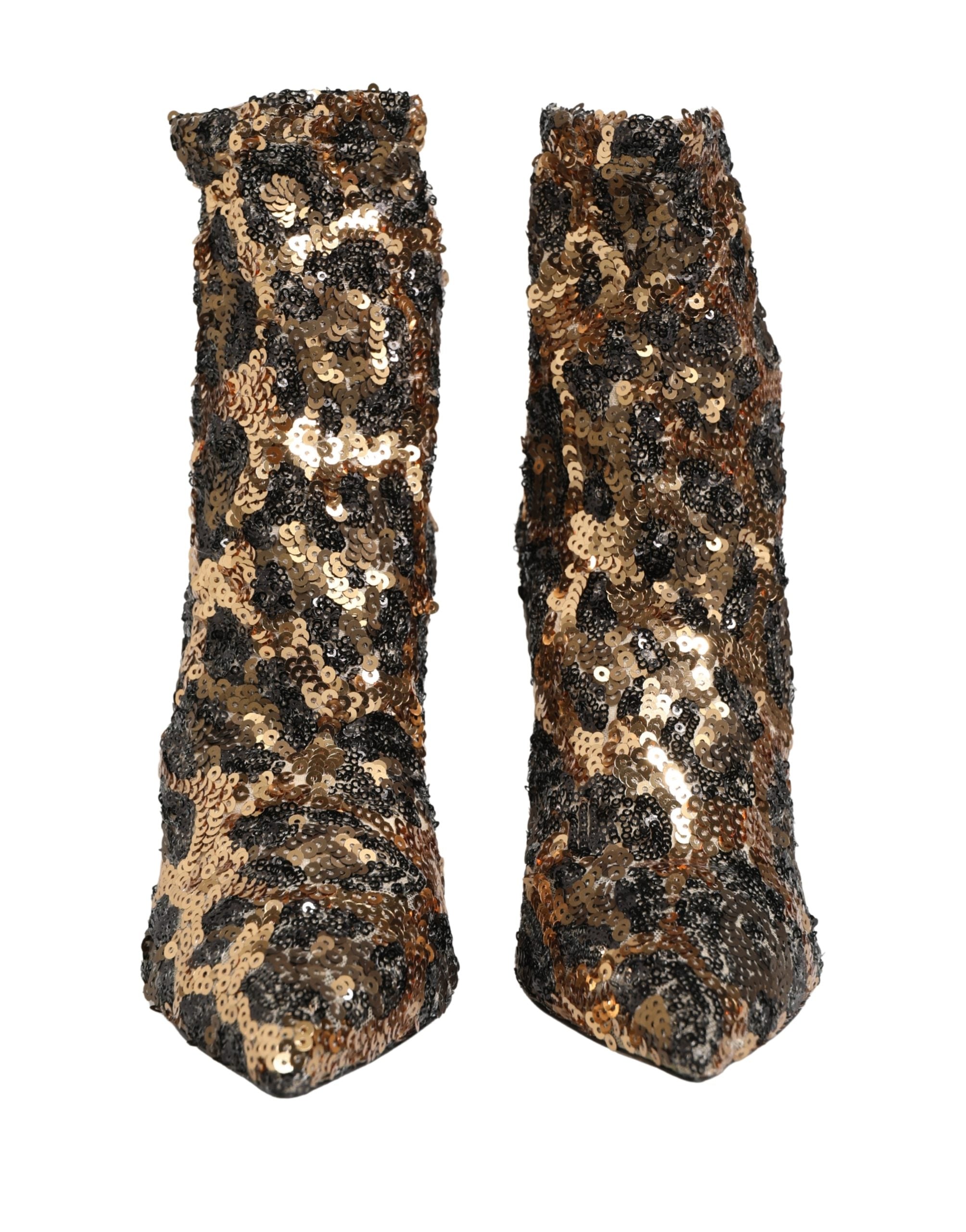 Dolce & Gabbana Gold Leopard Sequin Sock Ankle Boots Women's Shoes