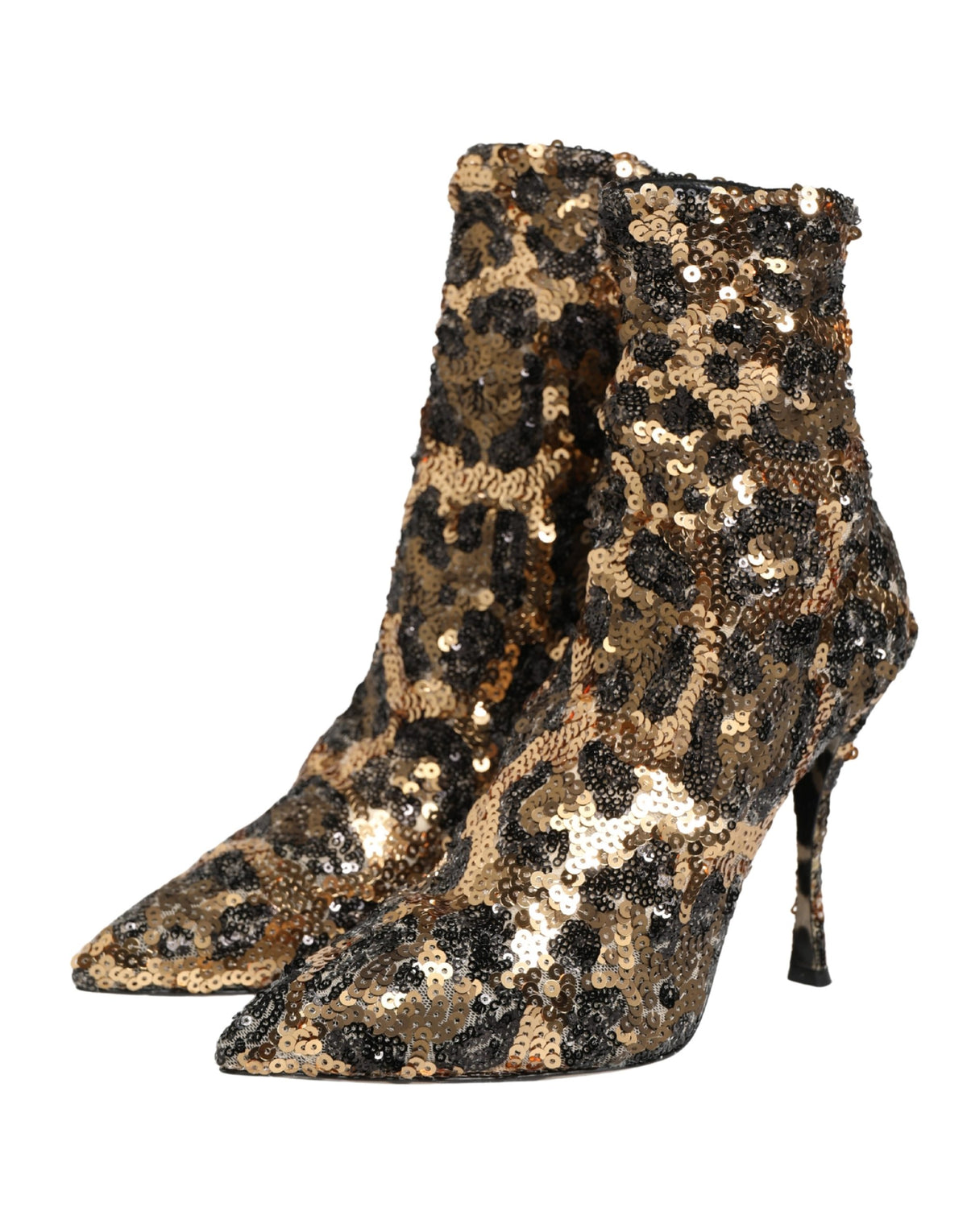 Dolce & Gabbana Gold Leopard Sequin Sock Ankle Boots Women's Shoes