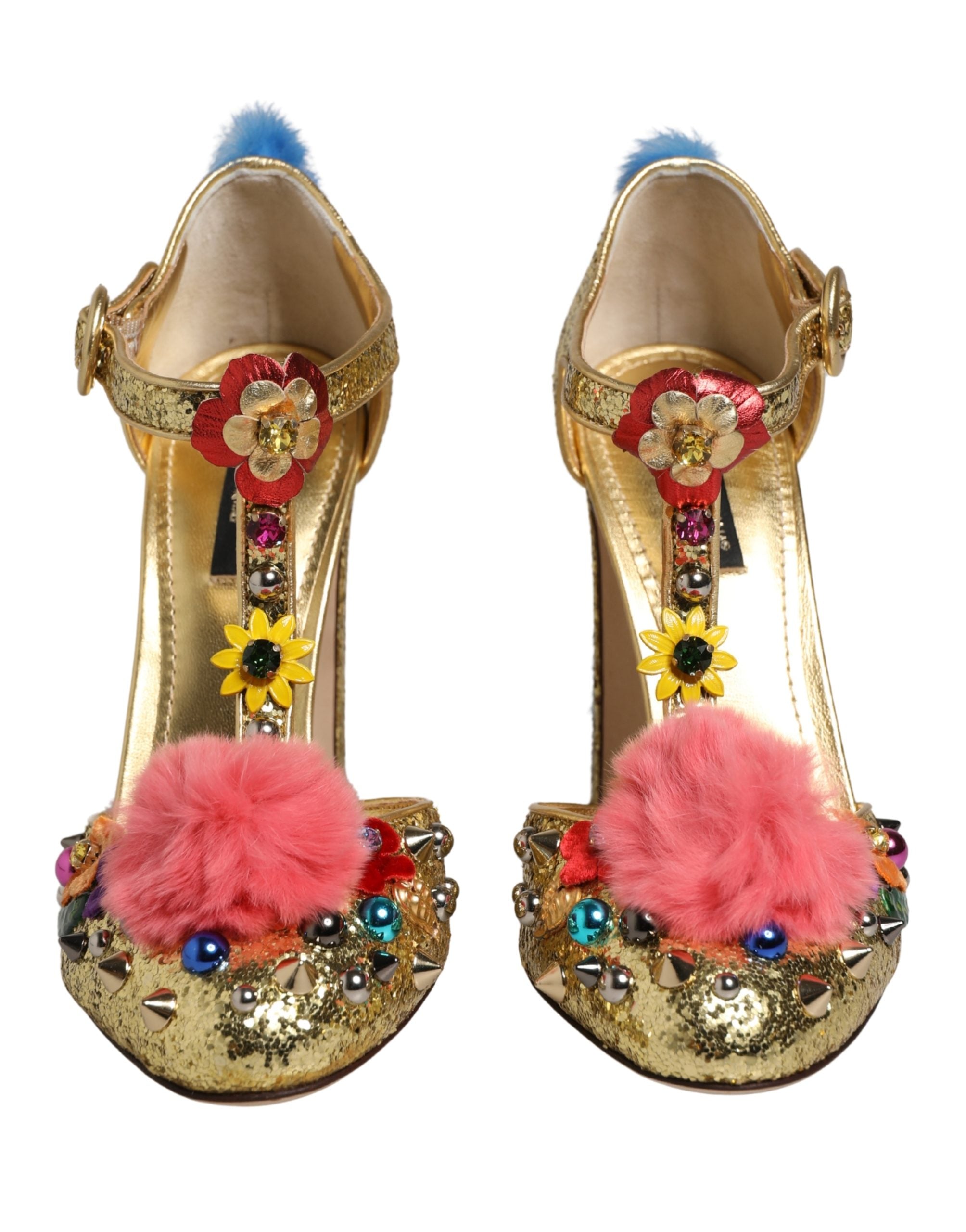 Dolce & Gabbana Gold Fur Trim Glitter T-strap Sandals Women's Shoes