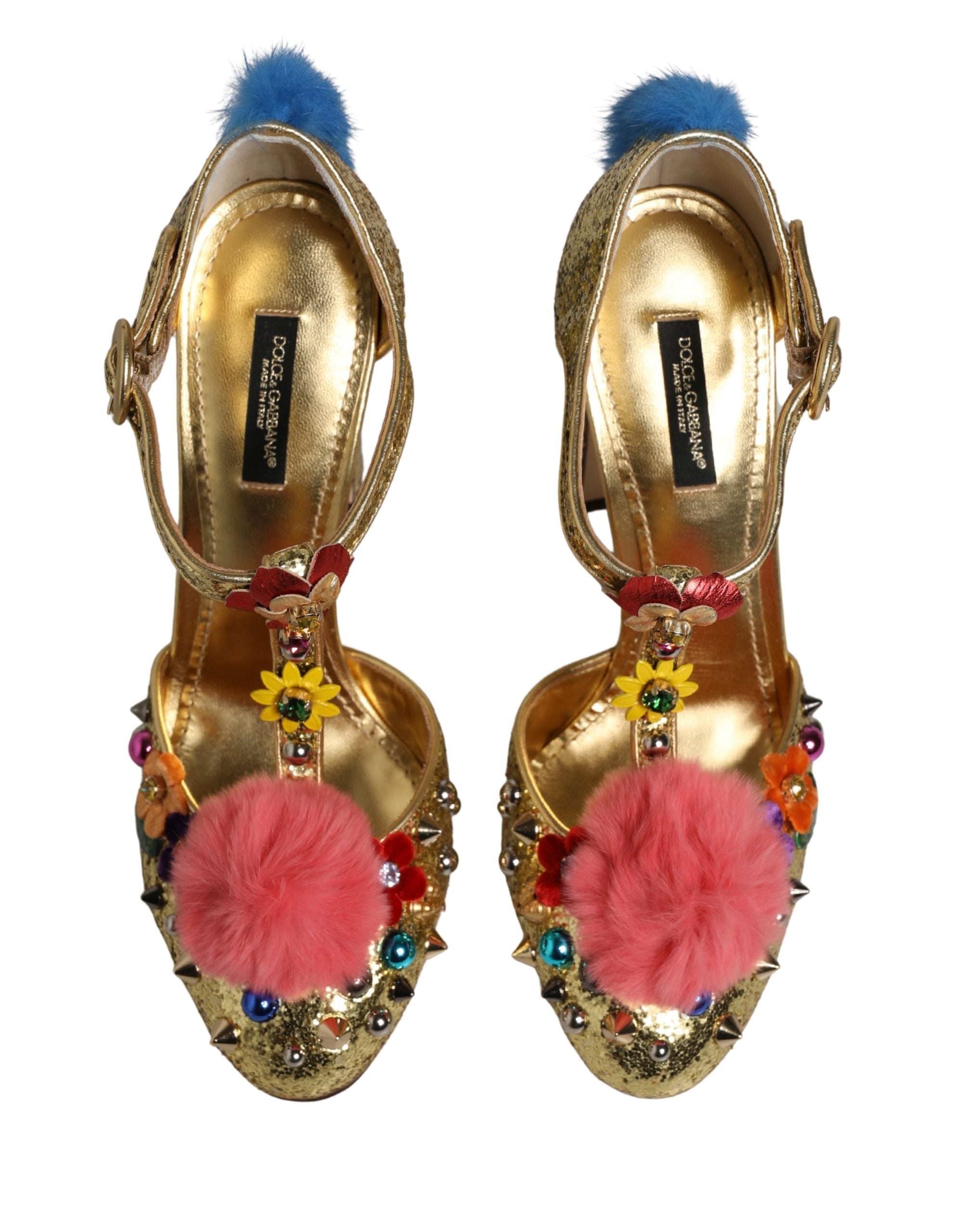 Dolce & Gabbana Gold Fur Trim Glitter T-strap Sandals Women's Shoes