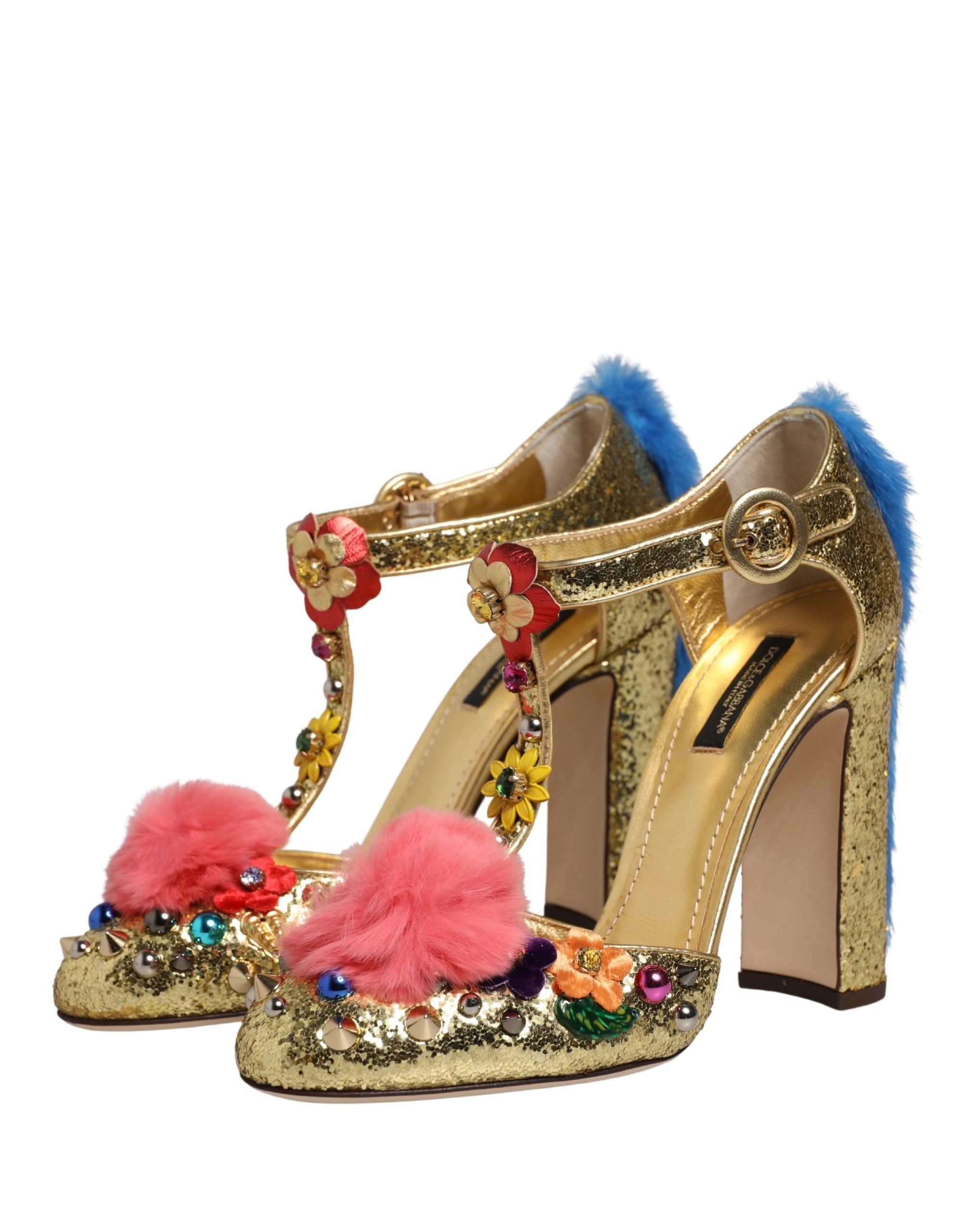 Dolce & Gabbana Gold Fur Trim Glitter T-strap Sandals Women's Shoes