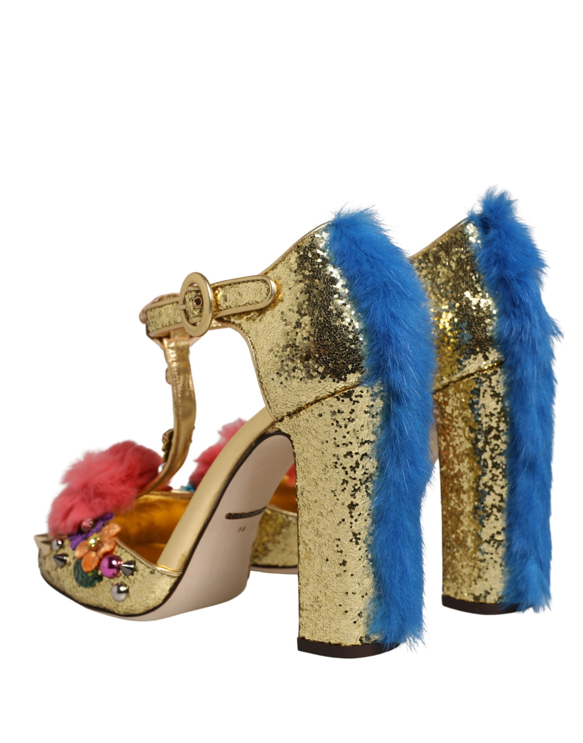 Dolce & Gabbana Gold Fur Trim Glitter T-strap Sandals Women's Shoes