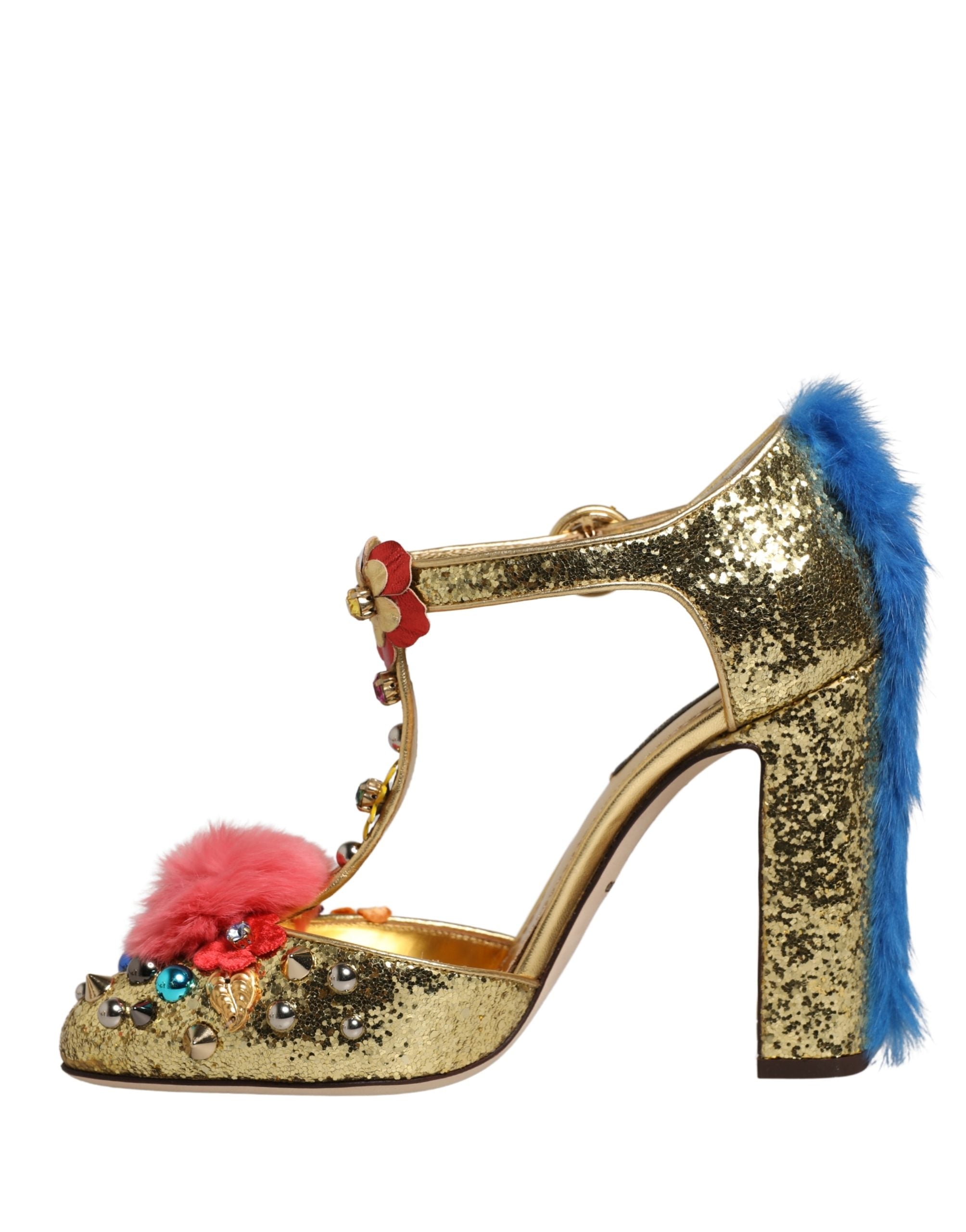 Dolce & Gabbana Gold Fur Trim Glitter T-strap Sandals Women's Shoes