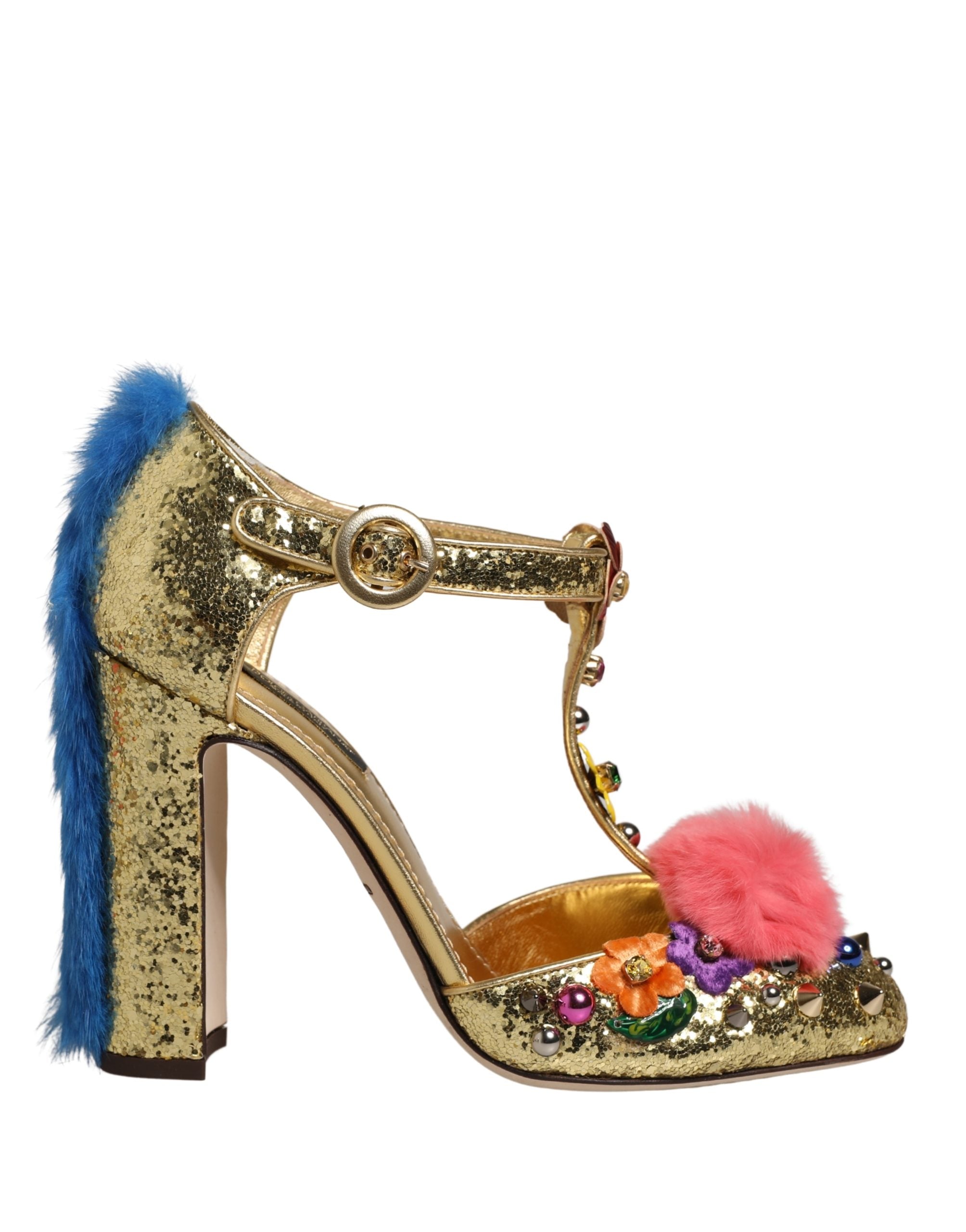 Dolce & Gabbana Gold Fur Trim Glitter T-strap Sandals Women's Shoes