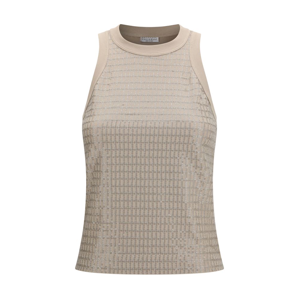 Brunello Cucinelli Beige Cotton Sleeveles Women's T-Shirt