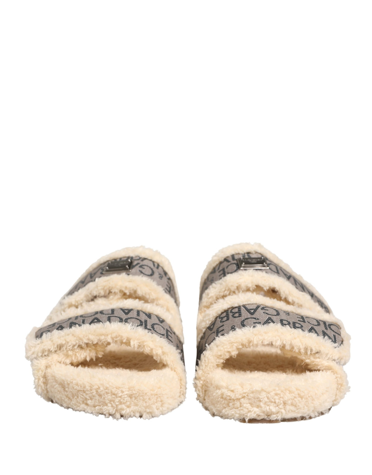 Dolce & Gabbana Beige Faux Fur Logo Print Flats Sandals Men's Shoes