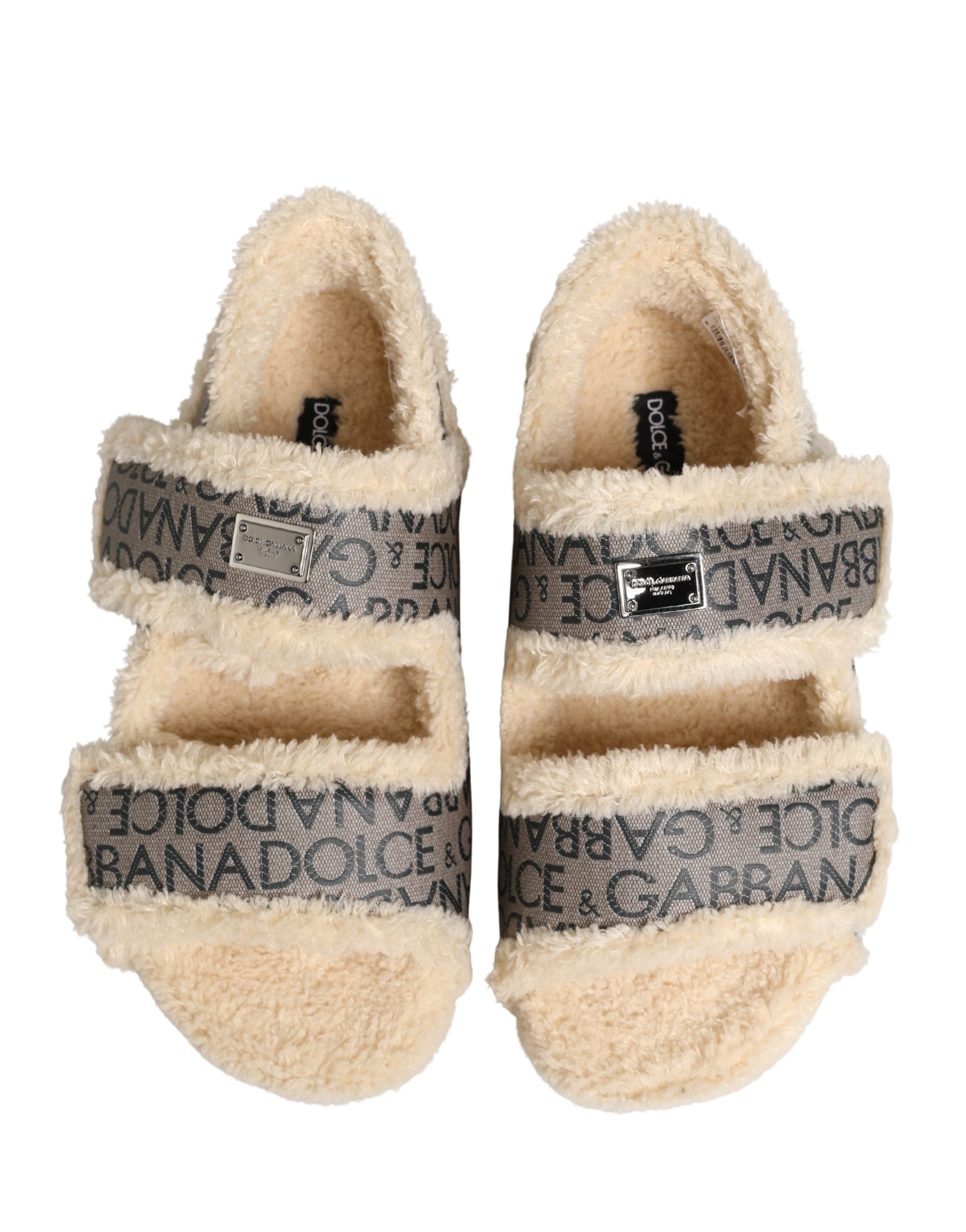 Dolce & Gabbana Beige Faux Fur Logo Print Flats Sandals Men's Shoes