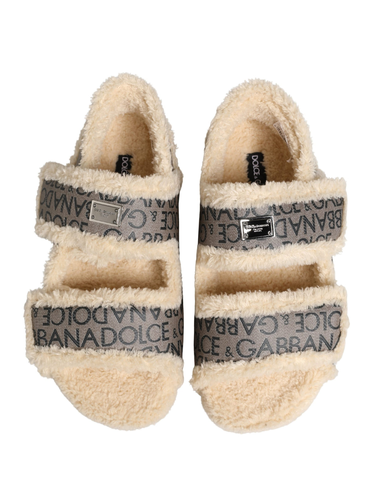 Dolce & Gabbana Beige Faux Fur Logo Print Flats Sandals Men's Shoes
