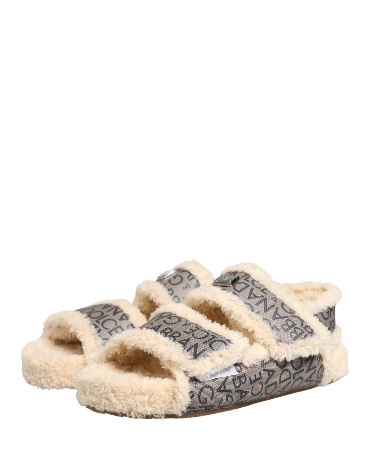 Dolce & Gabbana Beige Faux Fur Logo Print Flats Sandals Men's Shoes