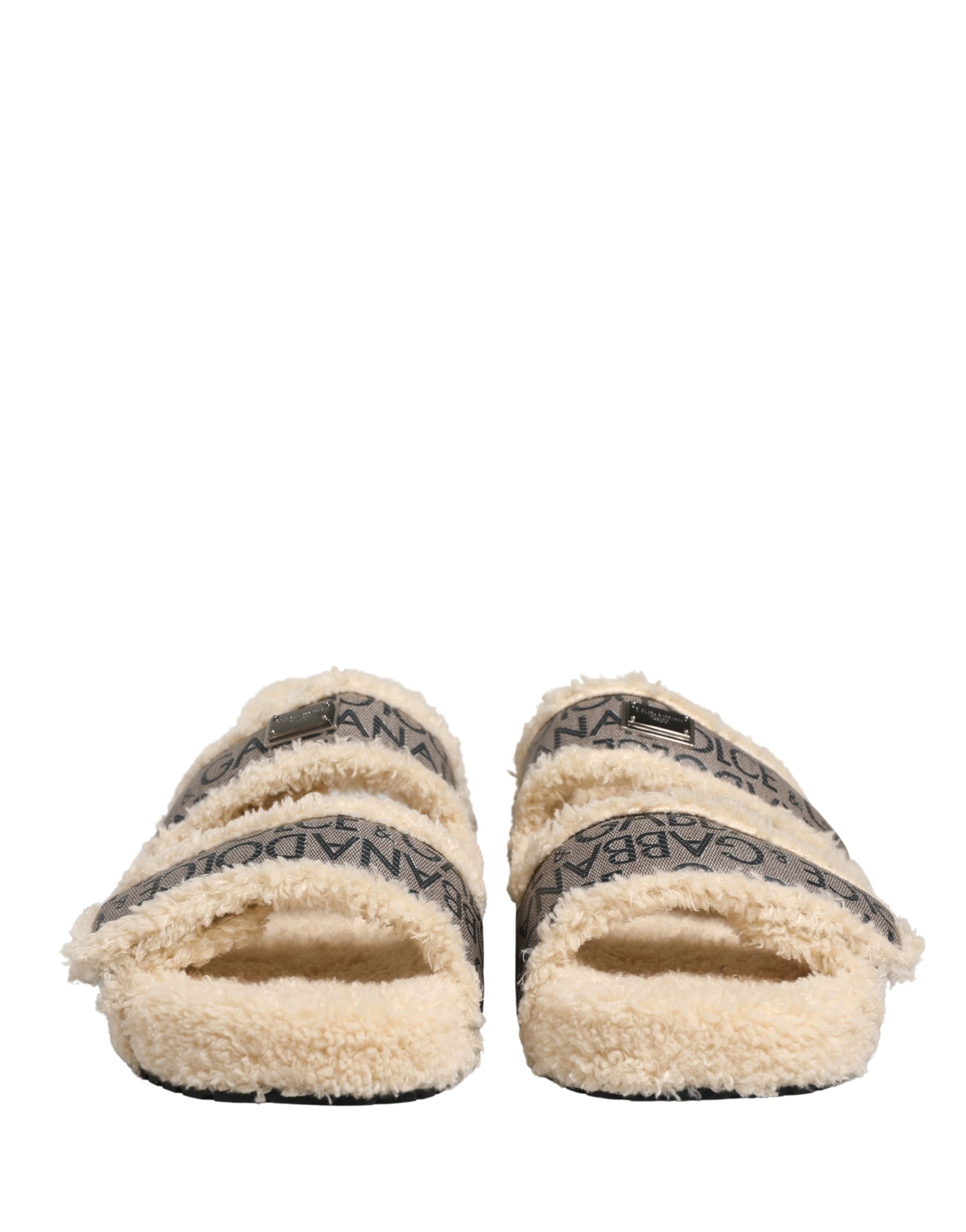 Dolce & Gabbana Beige Faux Fur Logo Print Flats Sandals Men's Shoes