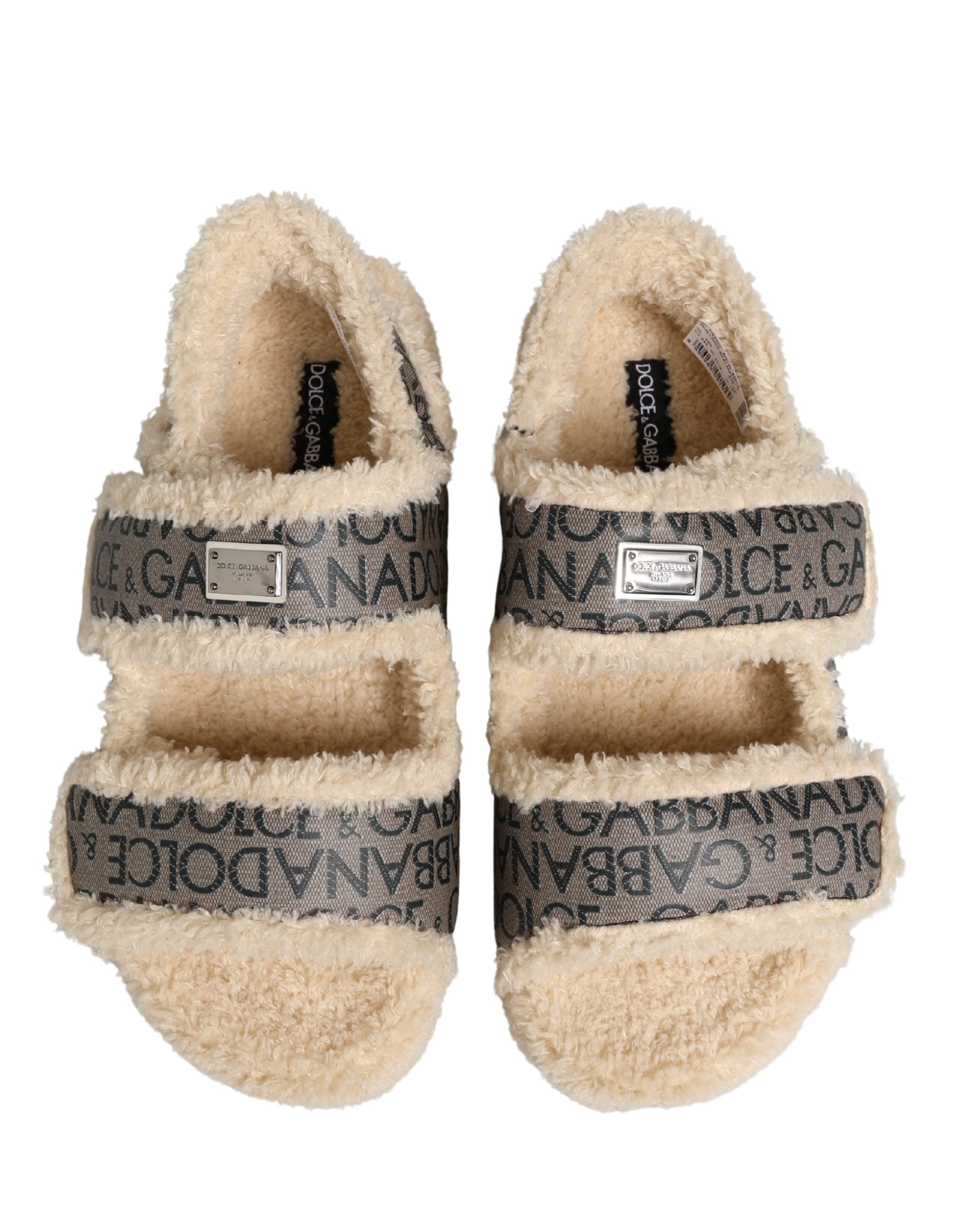 Dolce & Gabbana Beige Faux Fur Logo Print Flats Sandals Men's Shoes