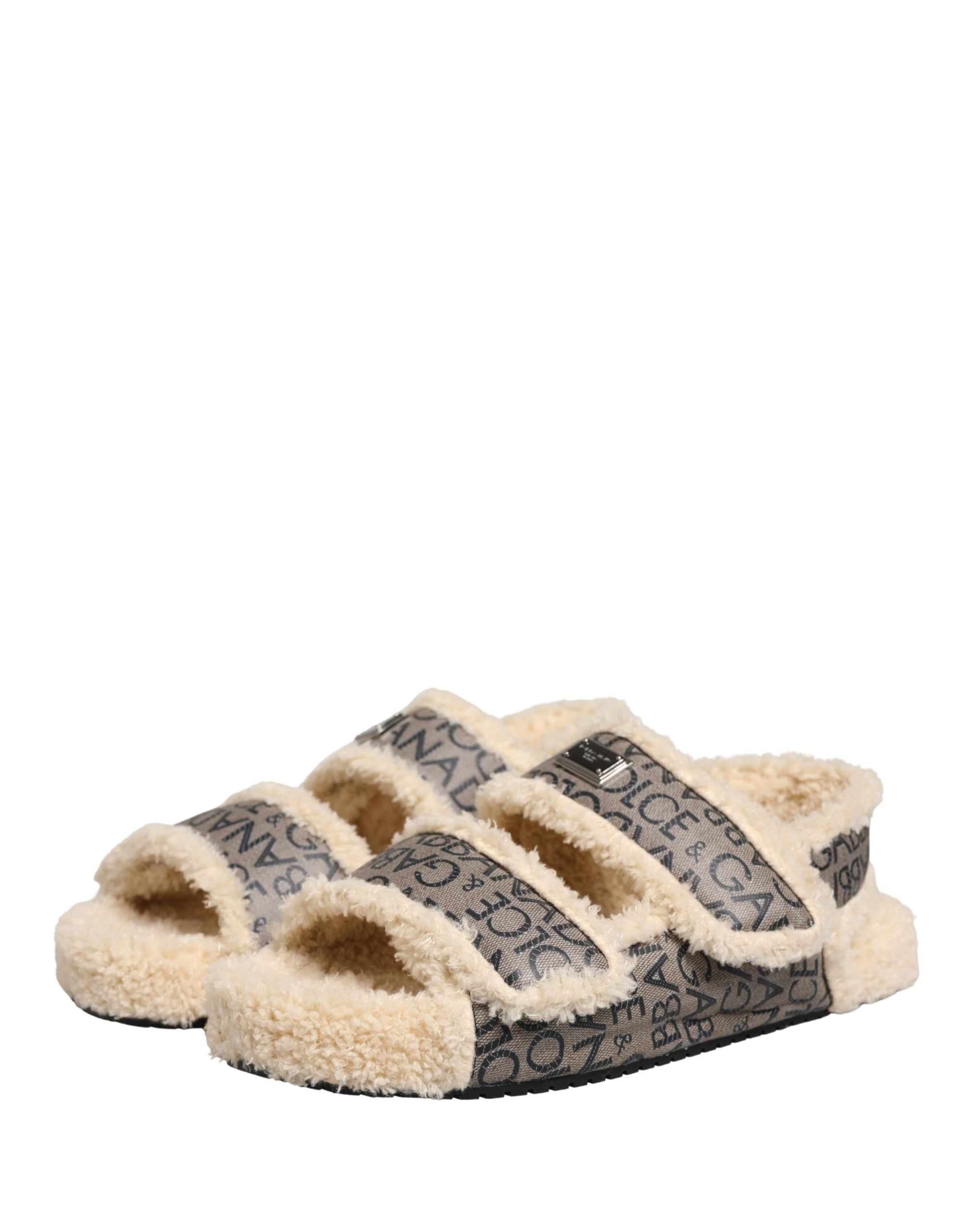 Dolce & Gabbana Beige Faux Fur Logo Print Flats Sandals Men's Shoes