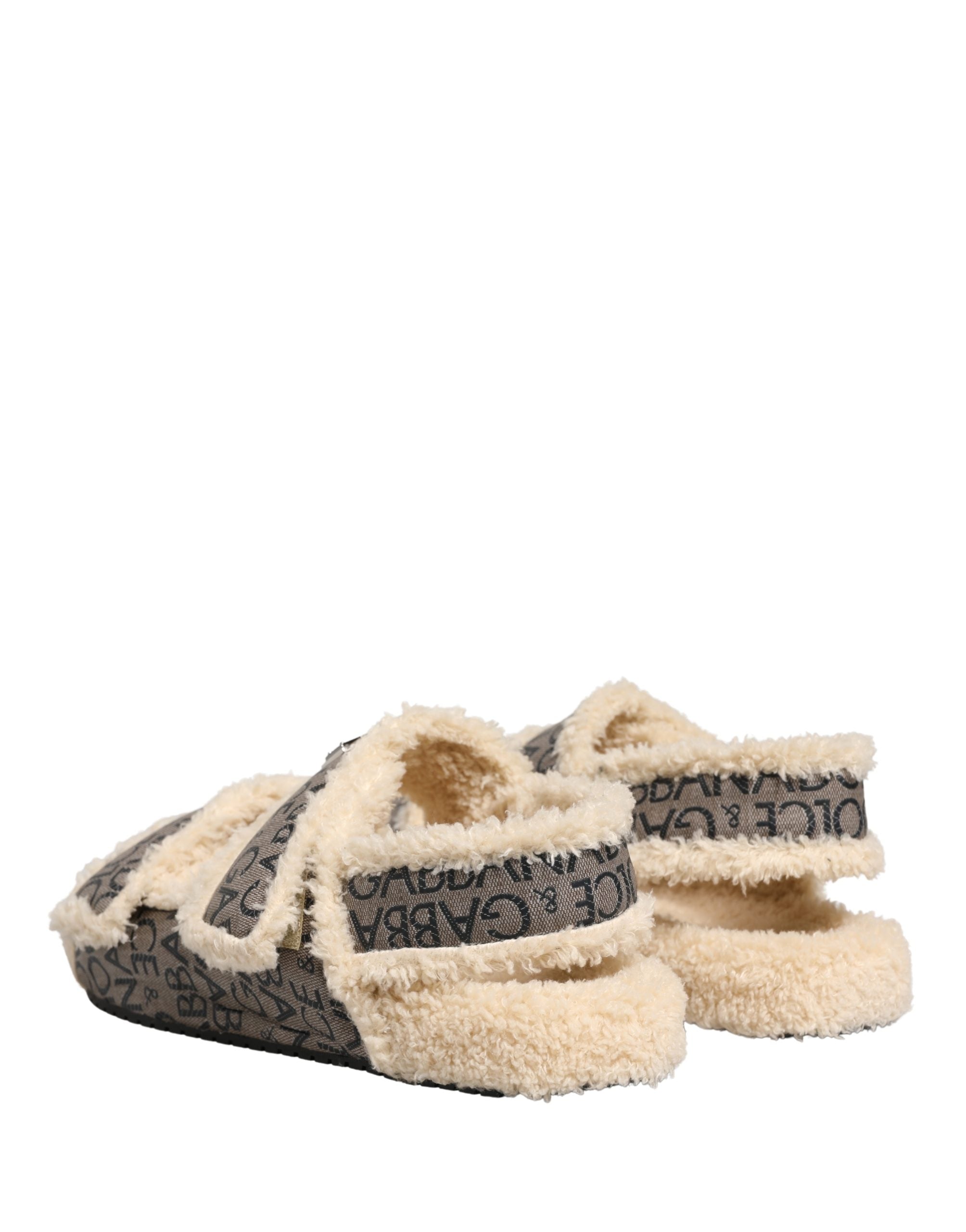 Dolce & Gabbana Beige Faux Fur Logo Print Flats Sandals Men's Shoes