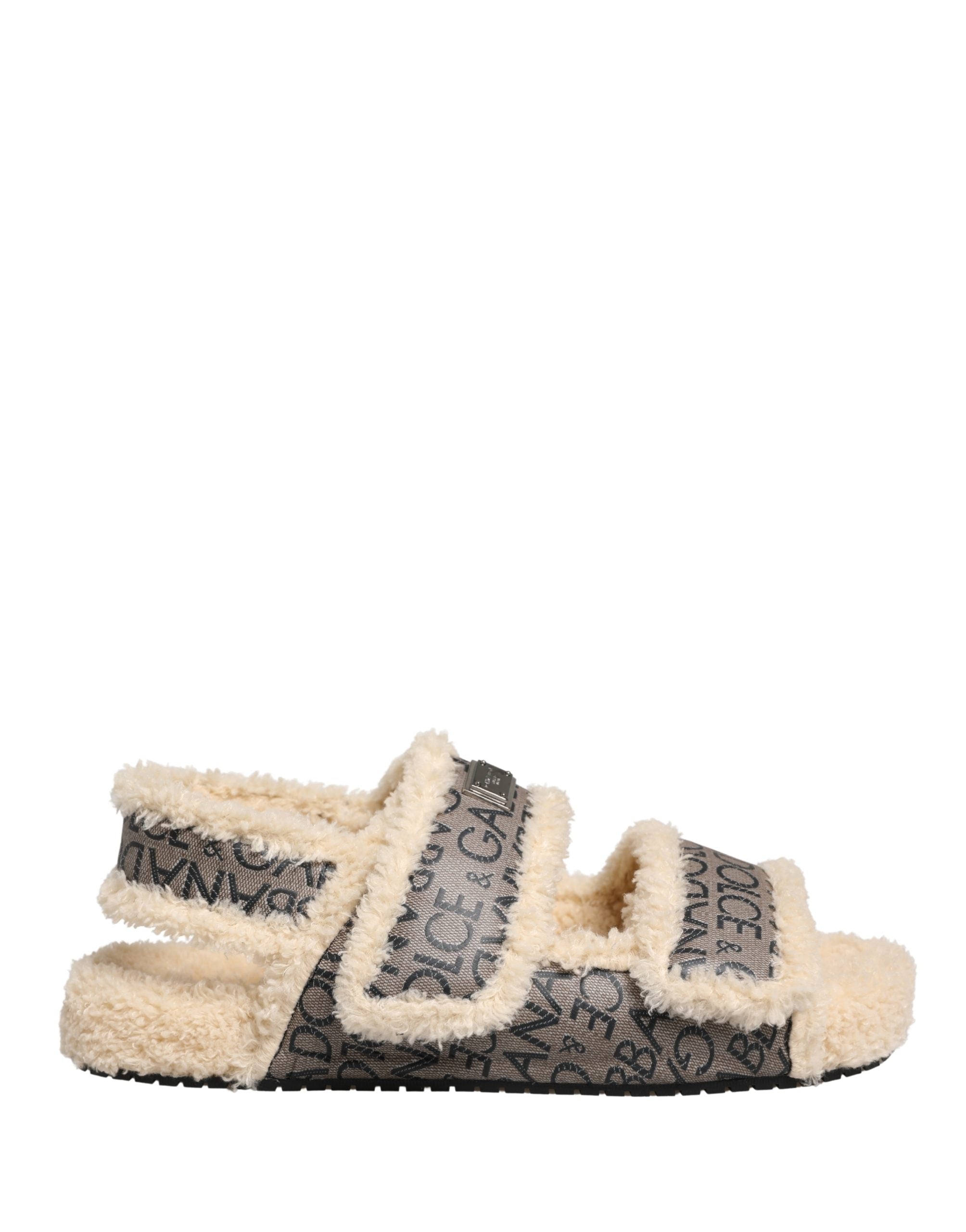 Dolce & Gabbana Beige Faux Fur Logo Print Flats Sandals Men's Shoes