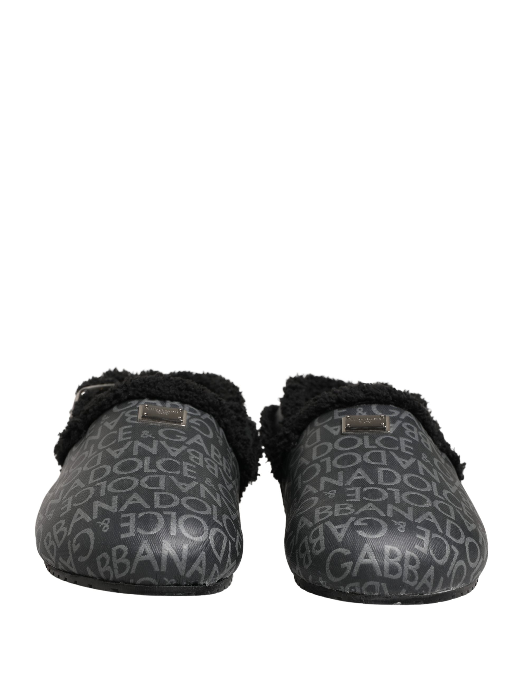 Dolce & Gabbana Gray Faux Fur Jacquard Mules Sandals Men's Shoes