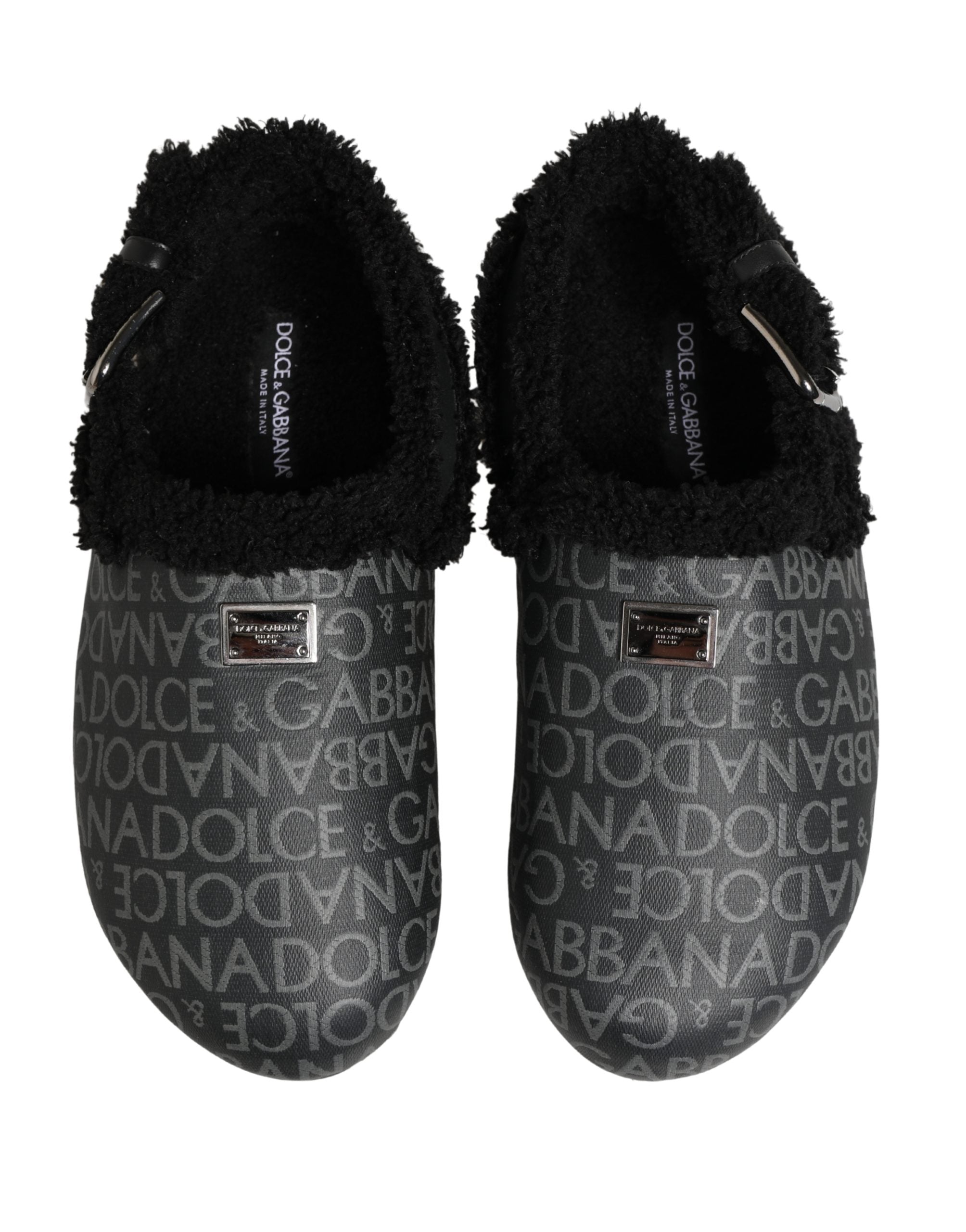 Dolce & Gabbana Gray Faux Fur Jacquard Mules Sandals Men's Shoes