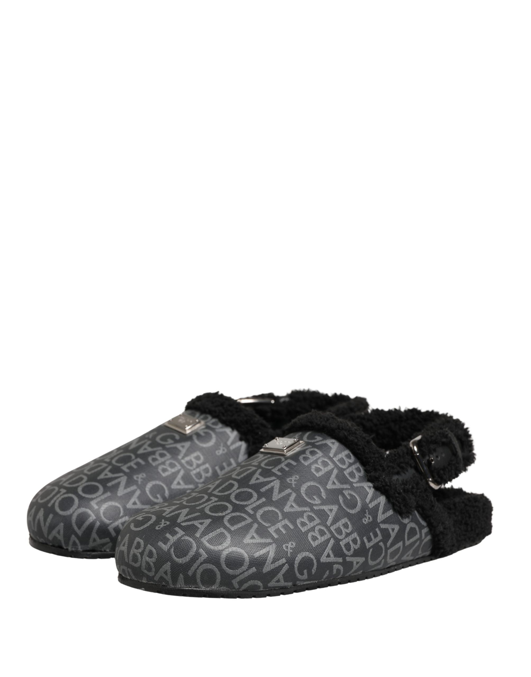 Dolce & Gabbana Gray Faux Fur Jacquard Mules Sandals Men's Shoes