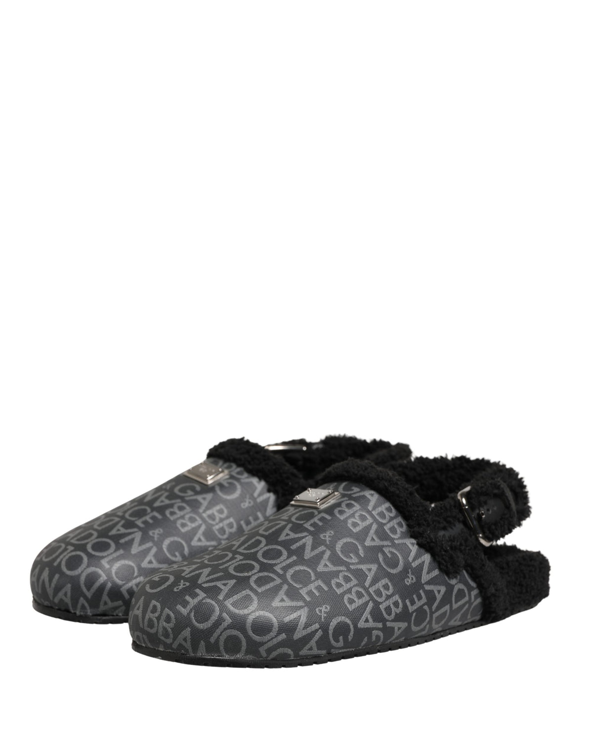 Dolce & Gabbana Gray Faux Fur Jacquard Mules Sandals Men's Shoes