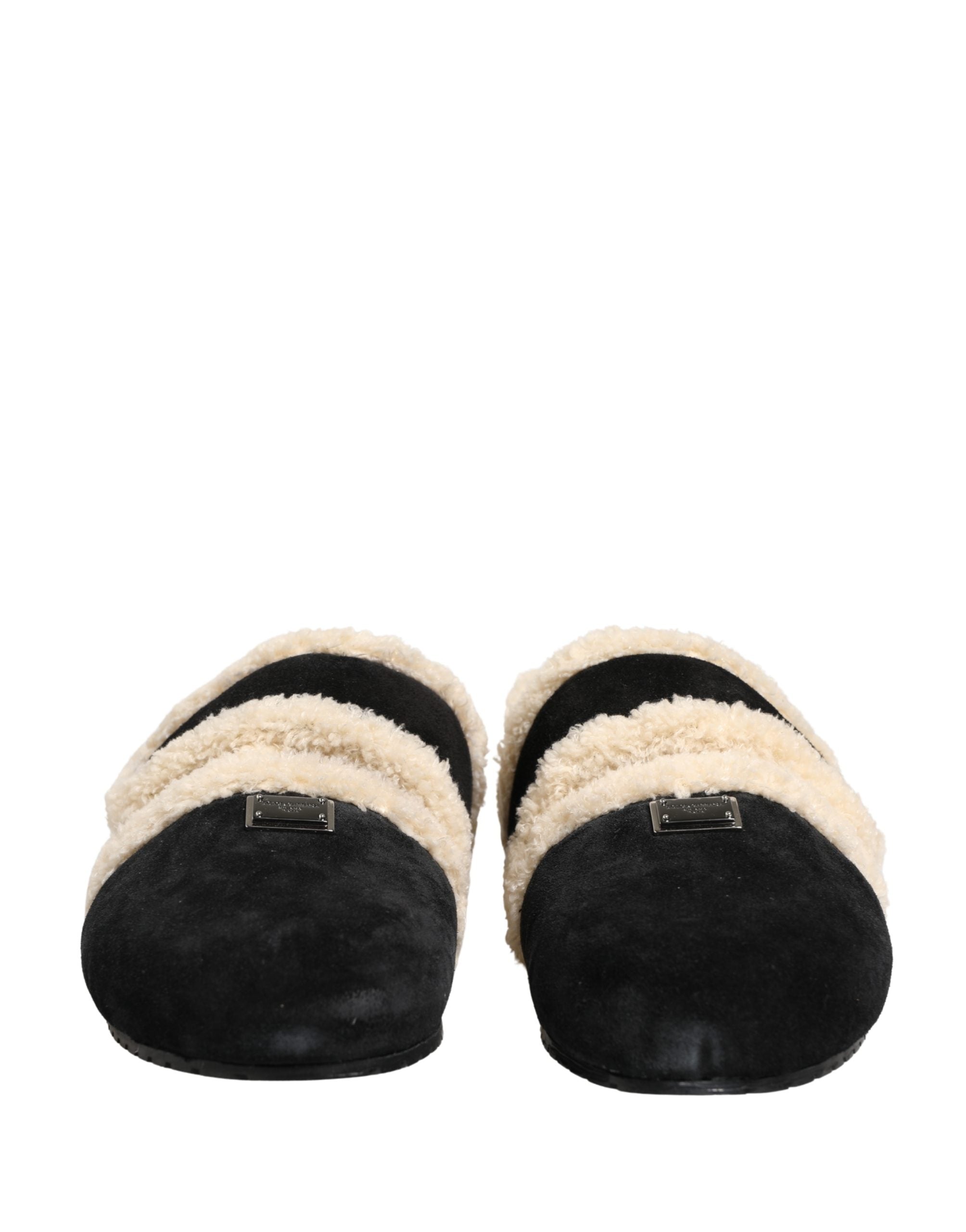 Dolce & Gabbana Beige Black Faux Fur Flats Men Sandals Men's Shoes
