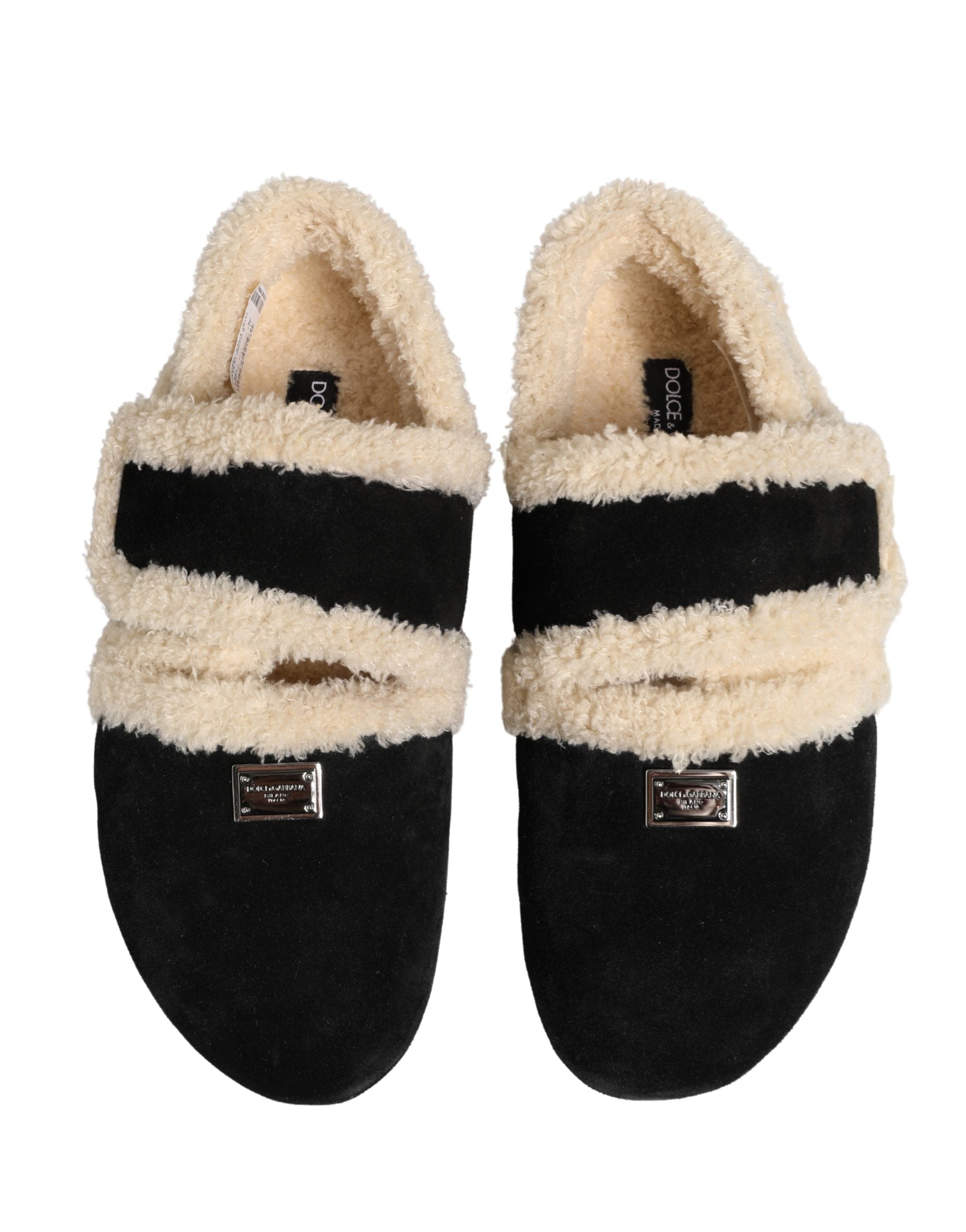 Dolce & Gabbana Beige Black Faux Fur Flats Men Sandals Men's Shoes