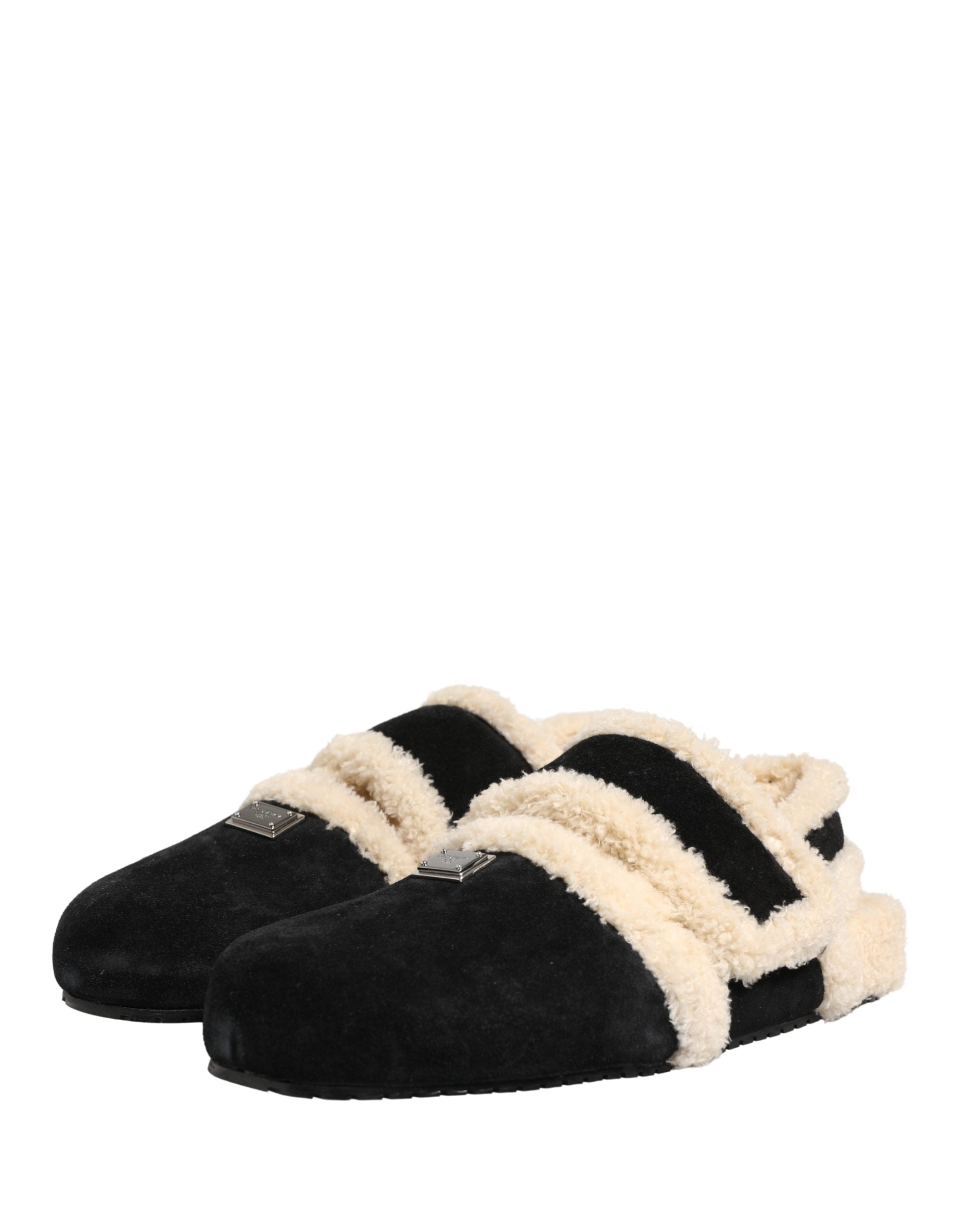 Dolce & Gabbana Beige Black Faux Fur Flats Men Sandals Men's Shoes