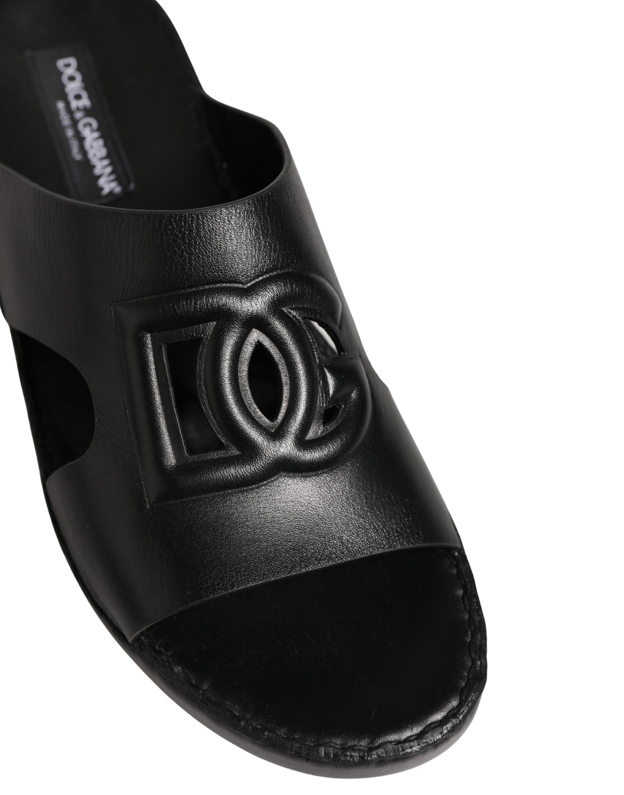 Dolce & Gabbana Black Leather Cutout DG Logo Sandals Men's Shoes