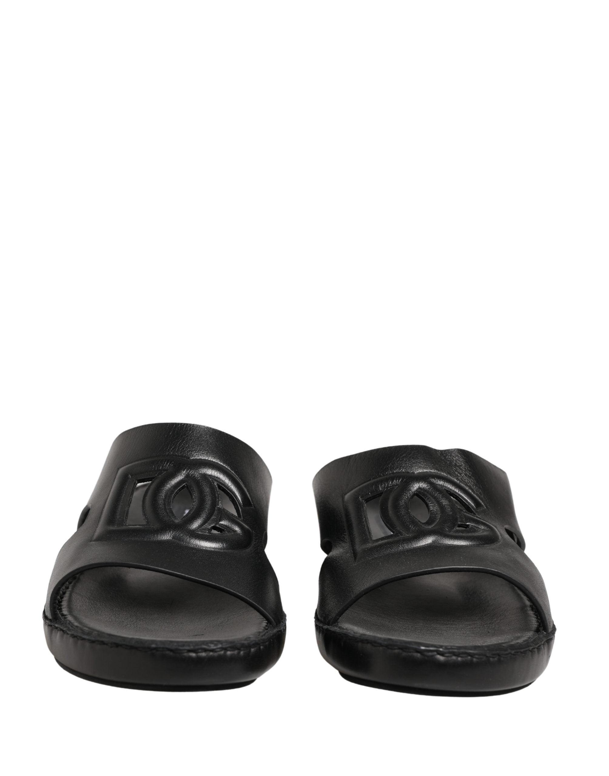 Dolce & Gabbana Black Leather Cutout DG Logo Sandals Men's Shoes