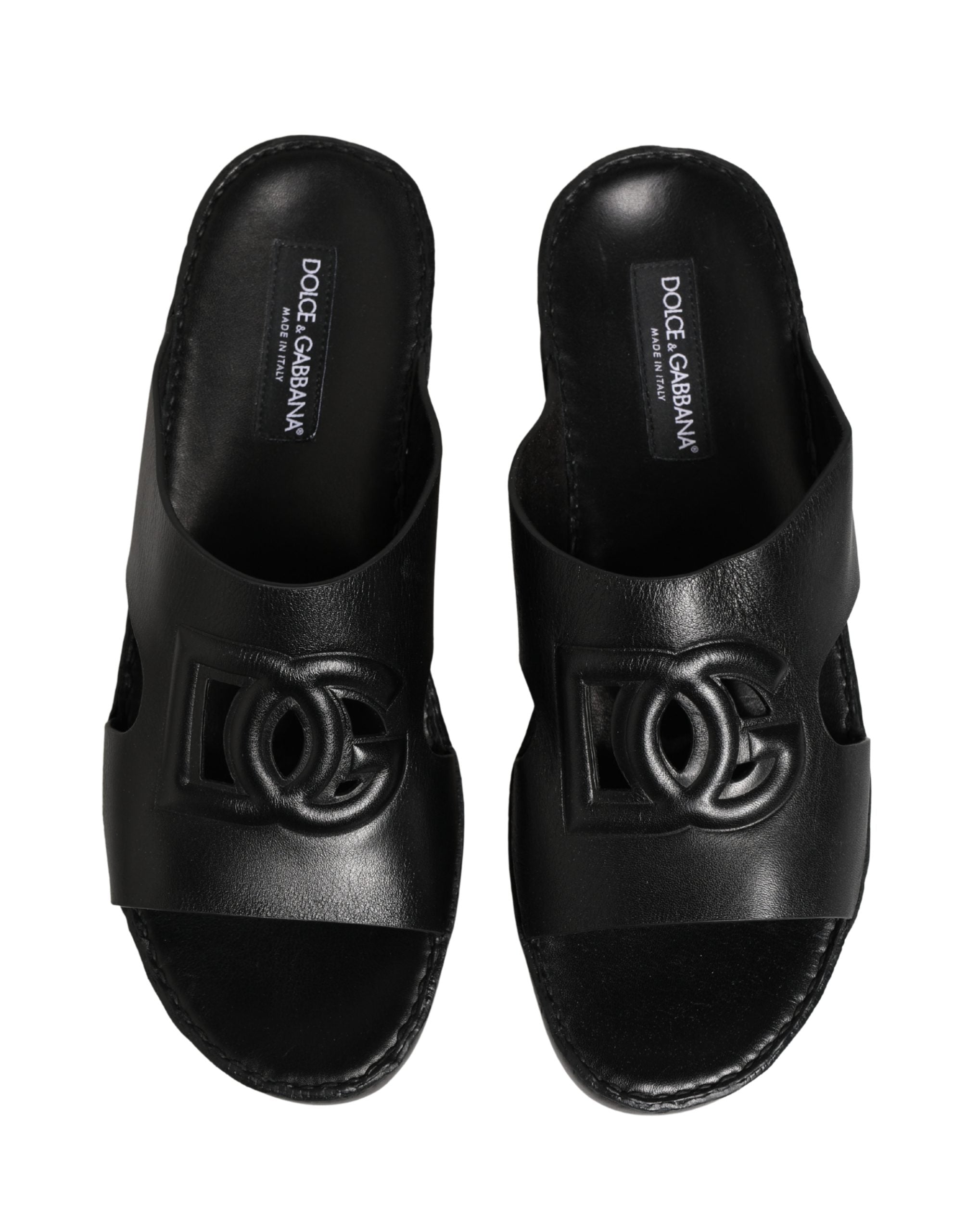 Dolce & Gabbana Black Leather Cutout DG Logo Sandals Men's Shoes