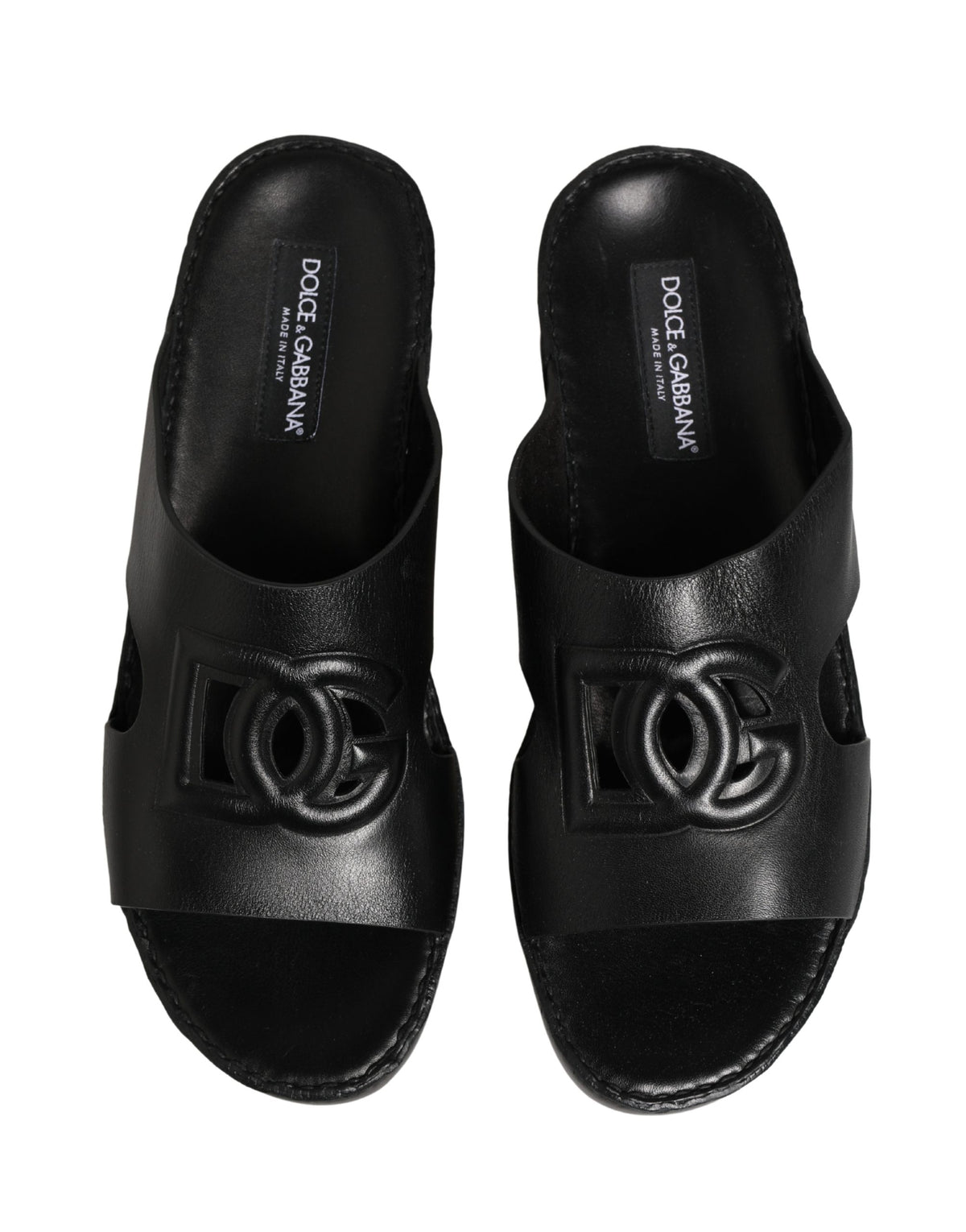 Dolce & Gabbana Black Leather Cutout DG Logo Sandals Men's Shoes