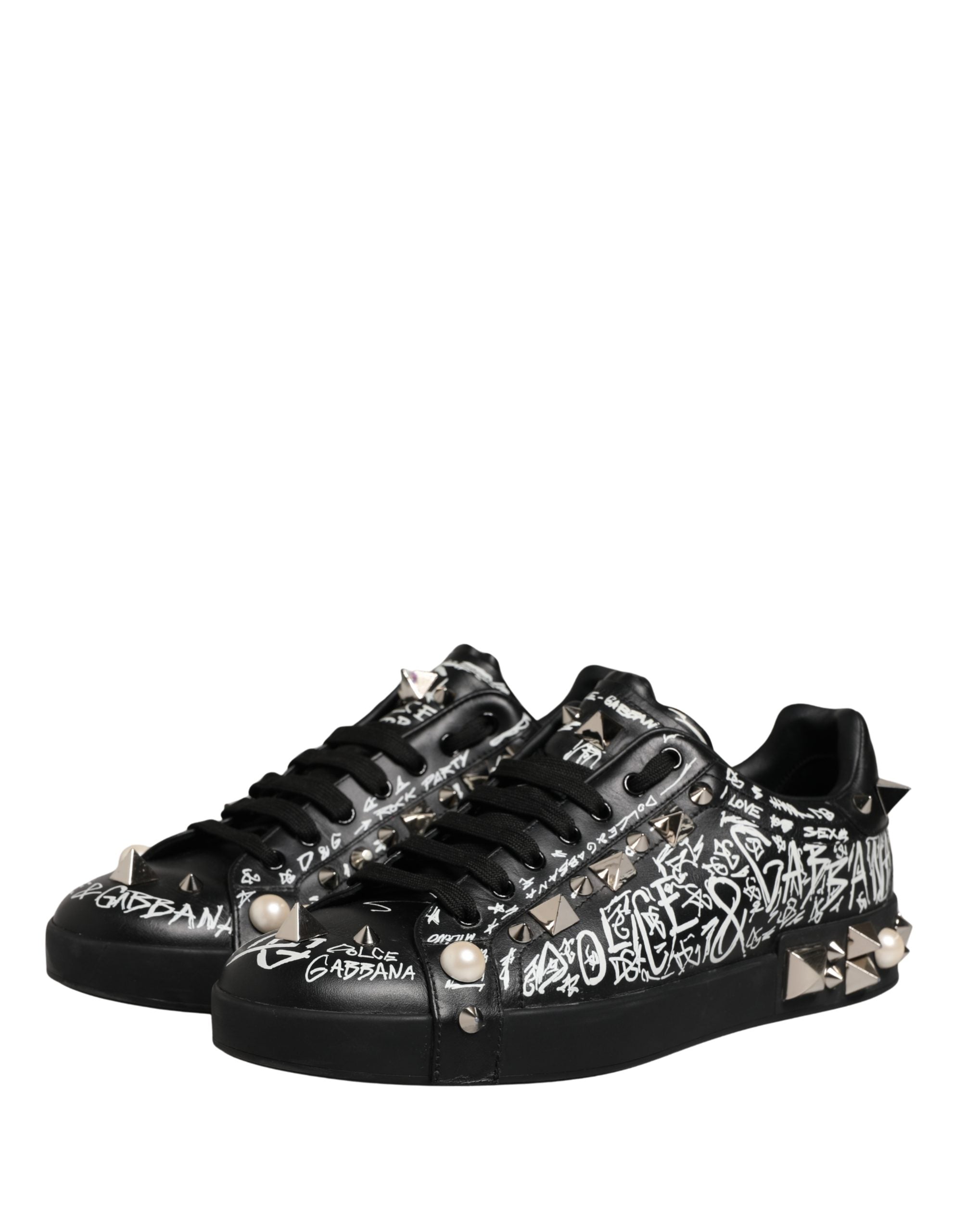 Dolce & Gabbana Black Portofino Graffiti Stud Sneakers Men's Shoes (Pre-Owned)