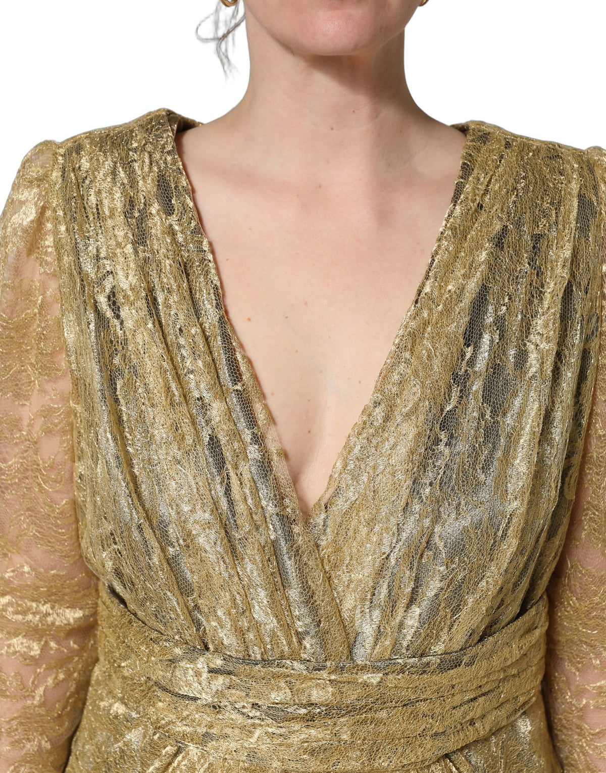 Dolce & Gabbana Gold Sheer Lace Crystal Embellished Women's Dress