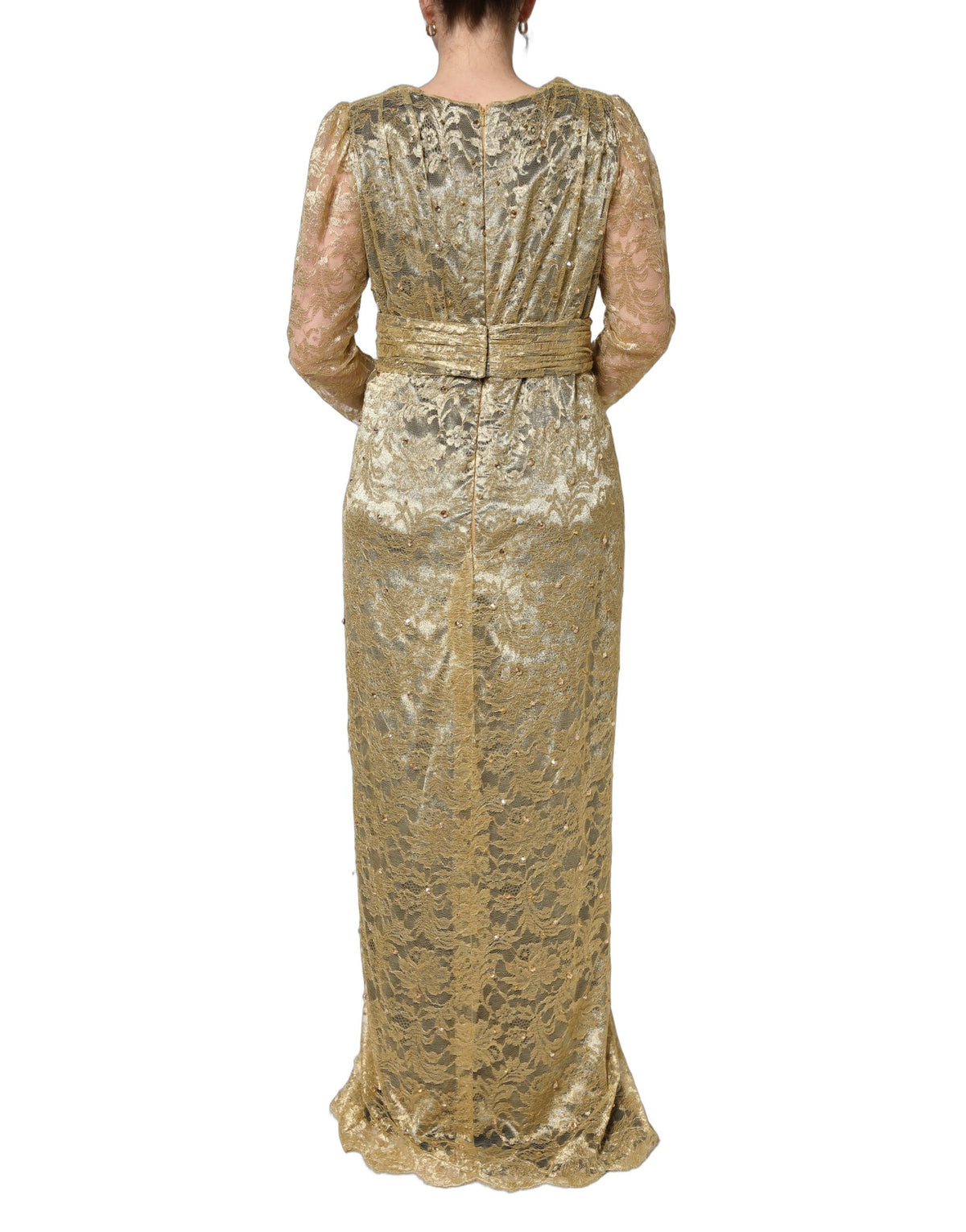 Dolce & Gabbana Gold Sheer Lace Crystal Embellished Women's Dress