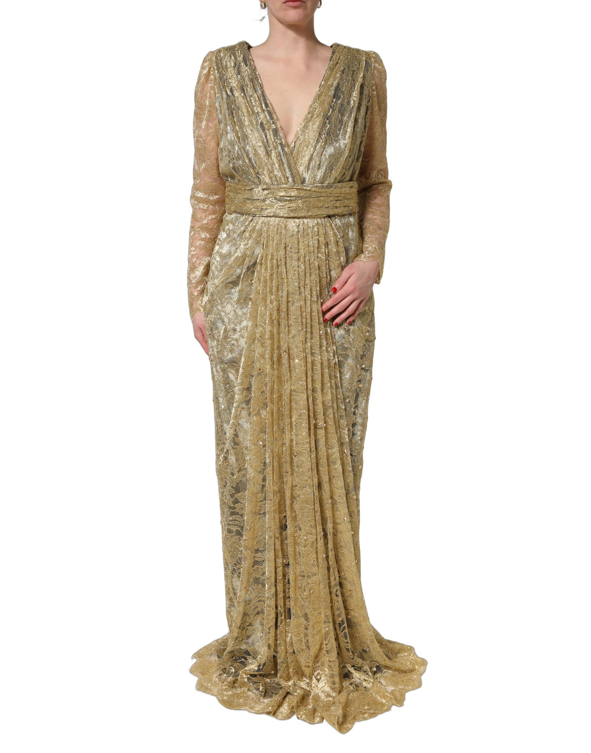 Dolce & Gabbana Gold Sheer Lace Crystal Embellished Women's Dress